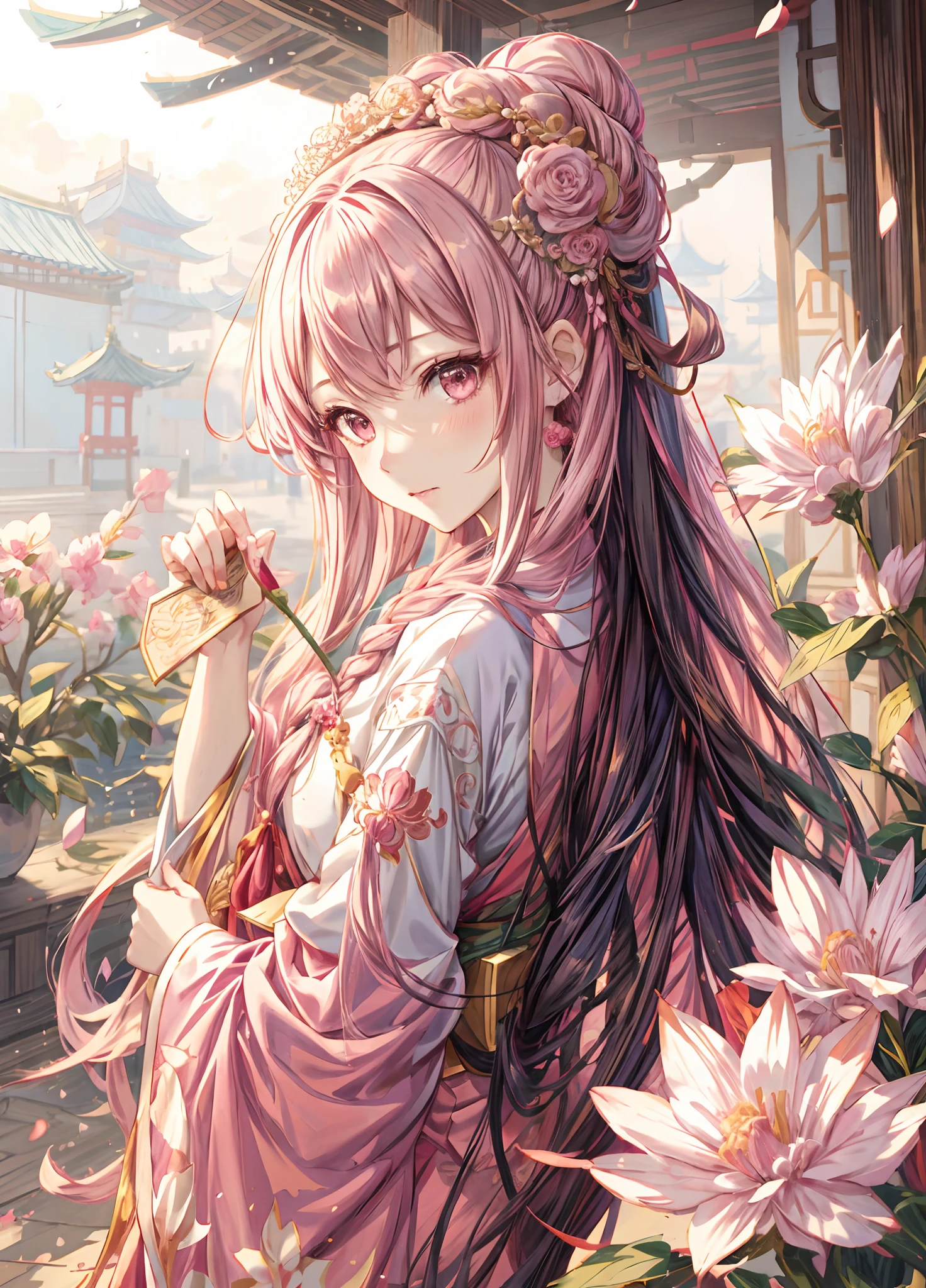 anime girl with long hair and pink dress holding a flower, palace , a girl in hanfu, by Yang J, guweiz, beautiful anime portrait, by Zhou Fang, by Leng Mei, beautiful anime girl, by Chen Lin, beautiful character painting, by Ye Xin, by Li Fangying, anime girl with long hair, by Li Song, beautiful anime woman
