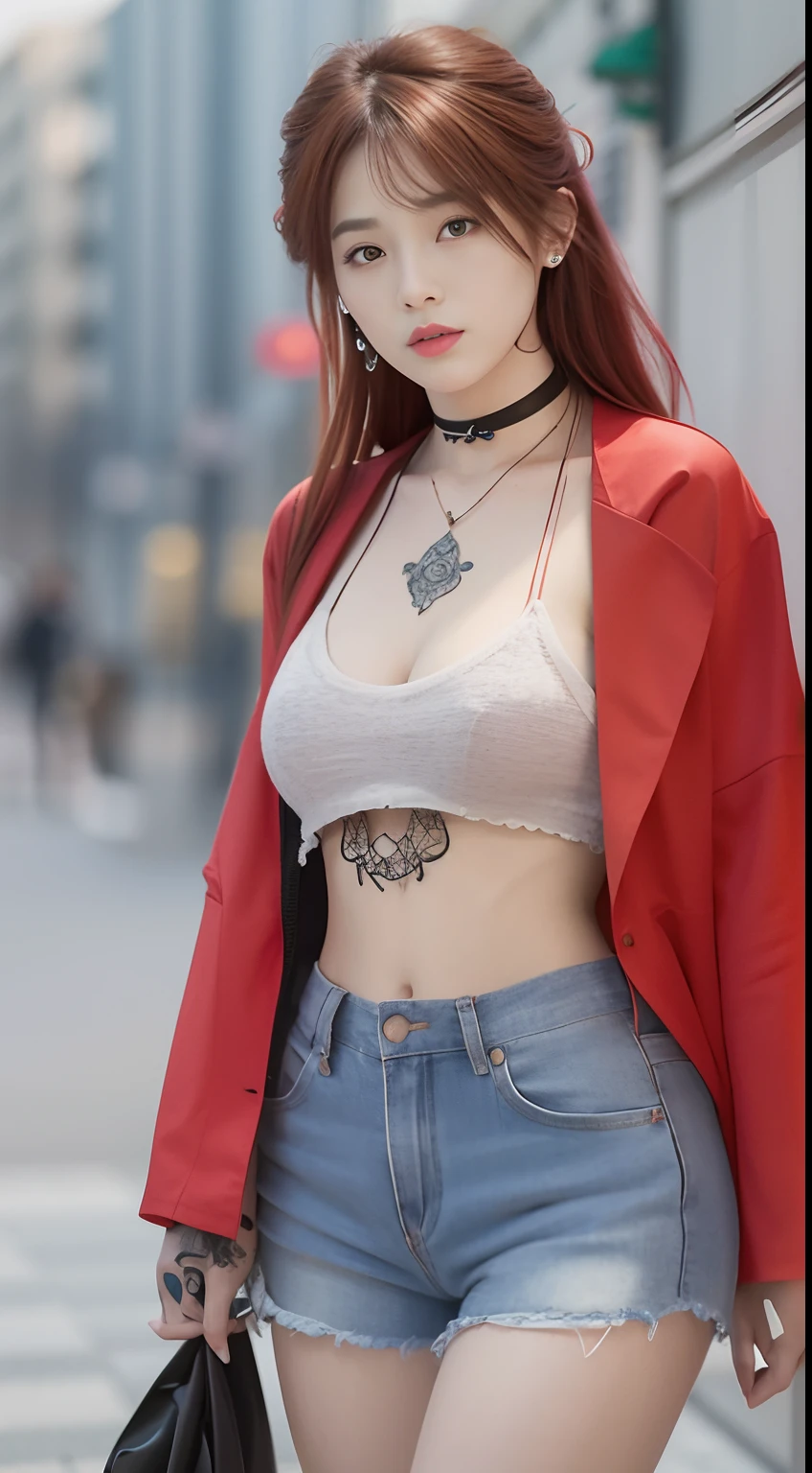 Urban beautiful girl college student and Asian male model,Business suit。tmasterpiece,Light makeup,Redlip,red tinted hair,Messy long hair,streets background,gracefulness,Elegance。ultra fine detailed,Works of masters,Authentic texture,Cinematic lighting realism,perfect works,8K,k hd,Delicate facial features,Tight open top,Sheer skinny shorts,Slim figure,Big bright eyes,Smooth skin,eardrop,choker necklace,Tattooed with