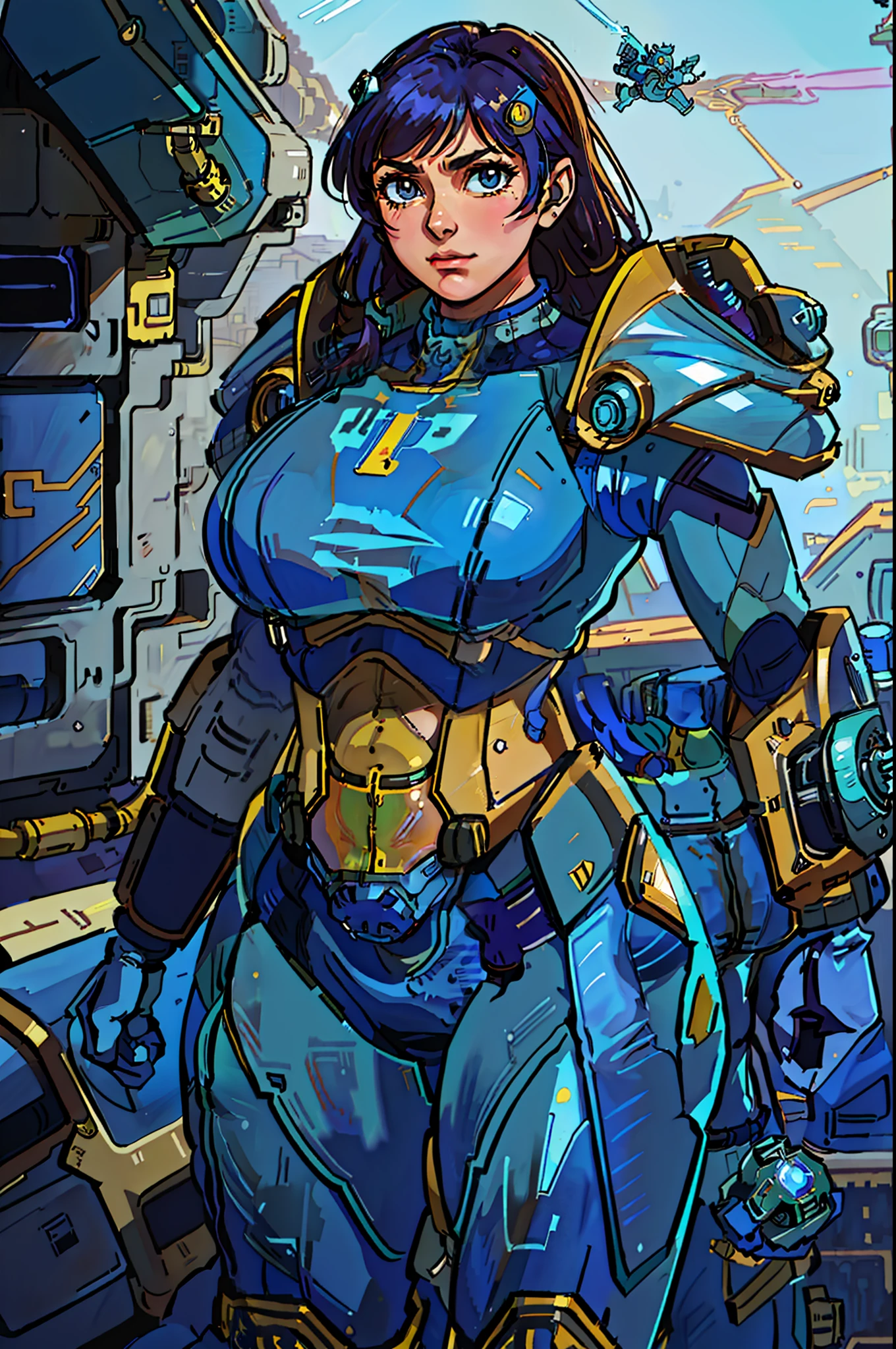 arafed woman in a blue suit standing in a space station, girl in mecha cyber armor, artgerm julie bell beeple, inspired by Masamune Shirow, female mecha, samus aran bioorganic varia suit, blue armor, zero suit samus, cutesexyrobutts, thicc, extremely detailed artgerm