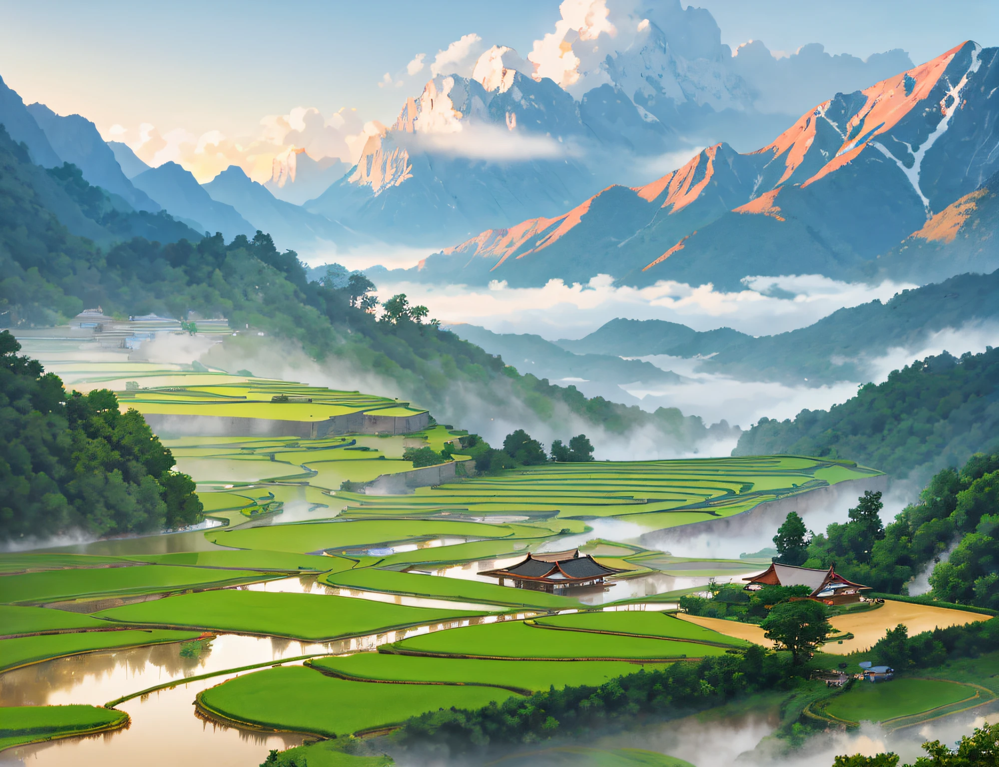 Large terraces,moutain terrain,Lodge,There are rice paddies,Rice fields,There are neat rice seedlings in the field,Foggy rain,villages,lavoura,in a serene landscape,Foggy weather,In the midst of vast tranquil landscapes,In the early morning,In the morning fog,thin fog,