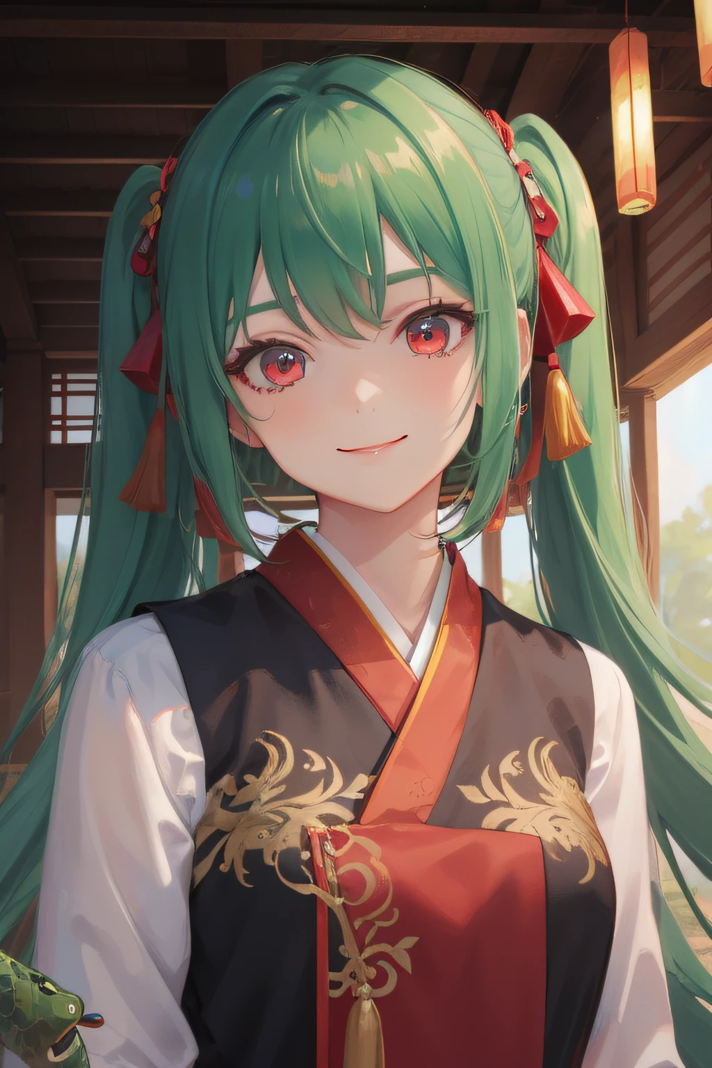 A beautiful girl, anime style girl, green hair, straight hair, long hair, twin tail, tied up with a ribbon, red eyes, chinese cloth, red hanfu, with many animal cages, with snake, with green snake, smiling, ((no exposure)), 8k, super detail, masterpiece, high quality, high resolution, high detail, high face detail, HD quality