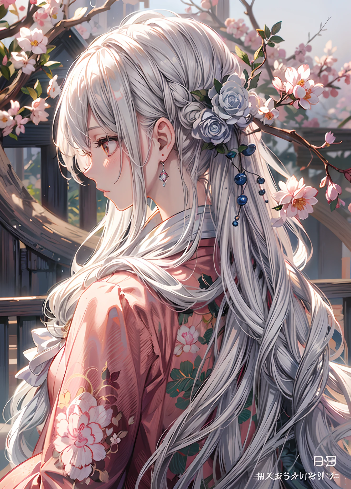 anime girl with long white hair and flowers in her hair, beautiful anime portrait, guweiz, flowing white hair, white haired deity, artwork in the style of guweiz, profile of anime girl, girl with white hair, anime aesthetic, with white long hair, ross tran style, beautiful anime artwork, detailed digital anime art, beautiful anime style