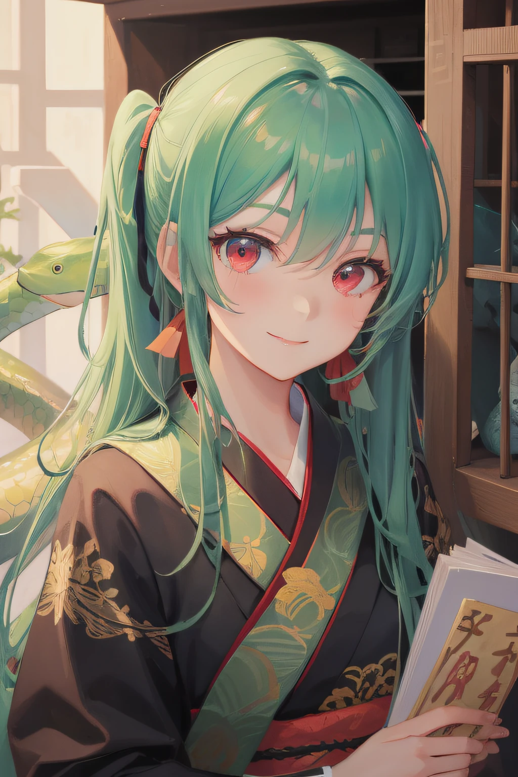 A beautiful girl, anime style girl, green hair, straight hair, long hair, twin tail, tied up with a ribbon, red eyes, chinese cloth, red hanfu, with many animal cages, with snake, with green snake, smiling, ((no exposure)), 8k, super detail, masterpiece, high quality, high resolution, high detail, high face detail, HD quality
