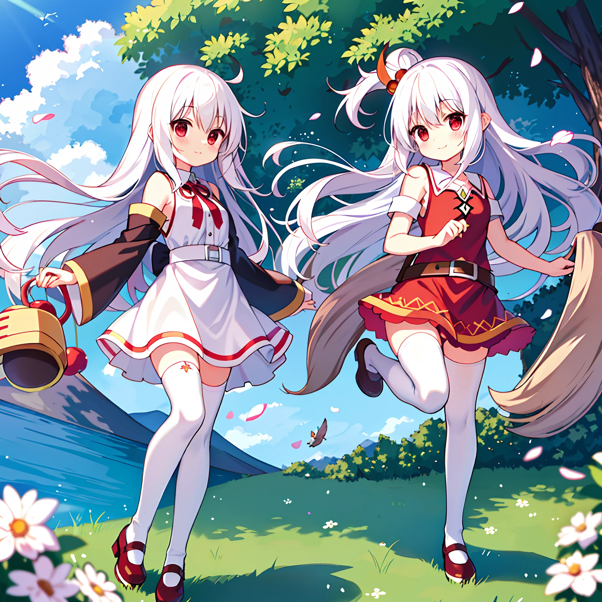 （Higher image quality），（tmasterpiece），（Detailed description of the eyes），（A detailed description of the face），1menina_megumin_konosuba，Red eyes，White hair，（long whitr hair），long whitr hair（Float in the wind），hair adornments，white dresses，Large breasts，naked leg，white legwear，leather shoes，There are arms and hands behind the back，Blushlush，Fluttering grass，（springtime，SakuraNS），petals，（Lens reflections），altocumulus，Dazzling light， Cool breeze，[the cherry trees]'s（shadowing），grassy fields，（The grass is growing，Birds are flying），（lake，surface reflection）