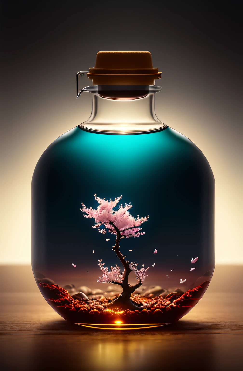 Cherry blossom tree in a bottle，Grows out of the bottle，nipple sticking out，fluffly，realisticlying，Atmospheric light refraction，Photo by Lee Jeffries，Nikon D850 Film Stock Photo 4 Kodak Portra 400 Camera F1.6 shots，rich colours，hyper realistic lifelike texture，dramatic  lighting，unreal engine trending on artstation cinestill 800，Style-Glass