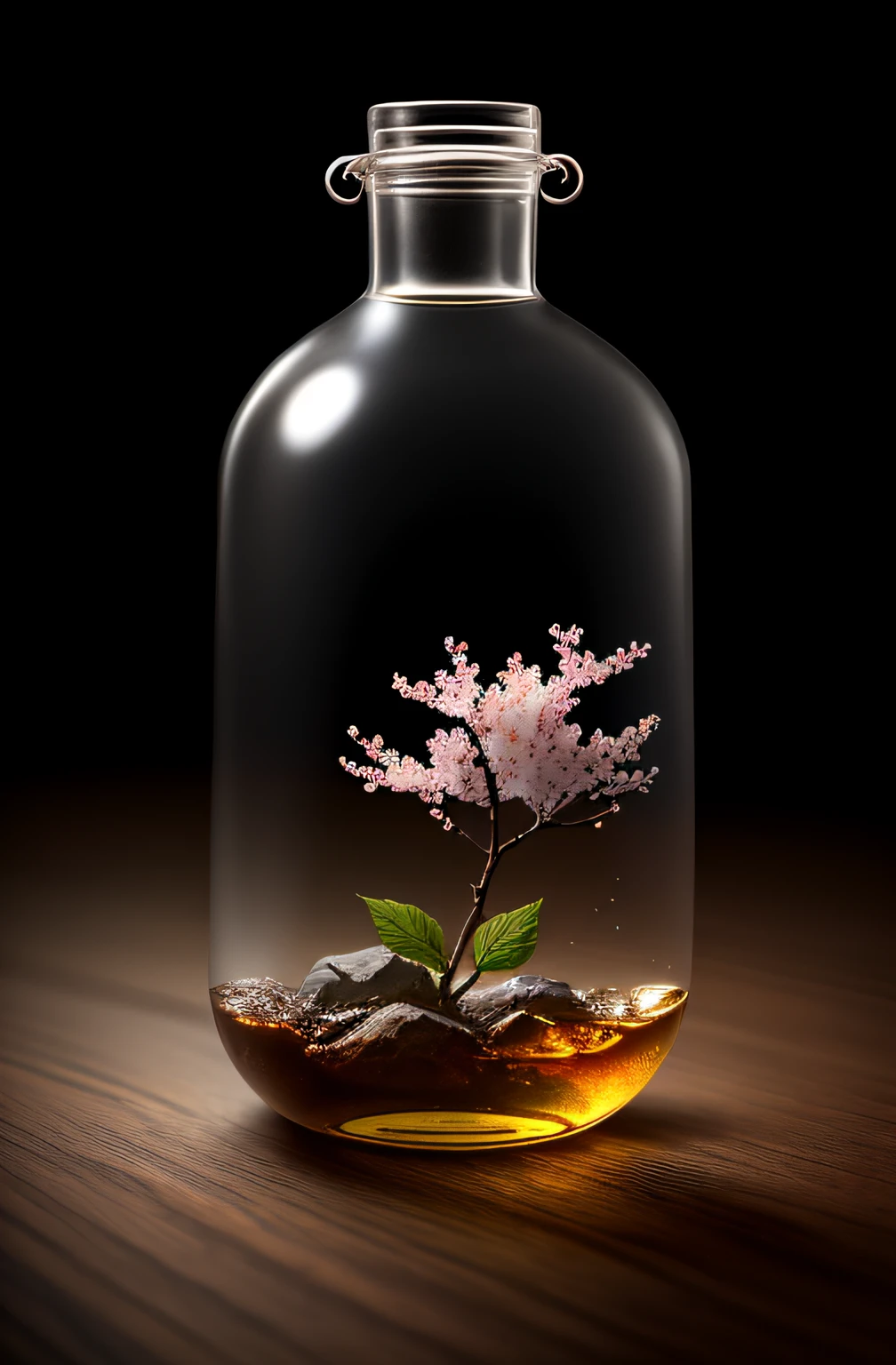 Cherry blossom tree in a bottle，Grows out of the bottle，nipple sticking out，fluffly，realisticlying，Atmospheric light refraction，Photo by Lee Jeffries，Nikon D850 Film Stock Photo 4 Kodak Portra 400 Camera F1.6 shots，rich colours，hyper realistic lifelike texture，dramatic  lighting，unreal engine trending on artstation cinestill 800，Style-Glass