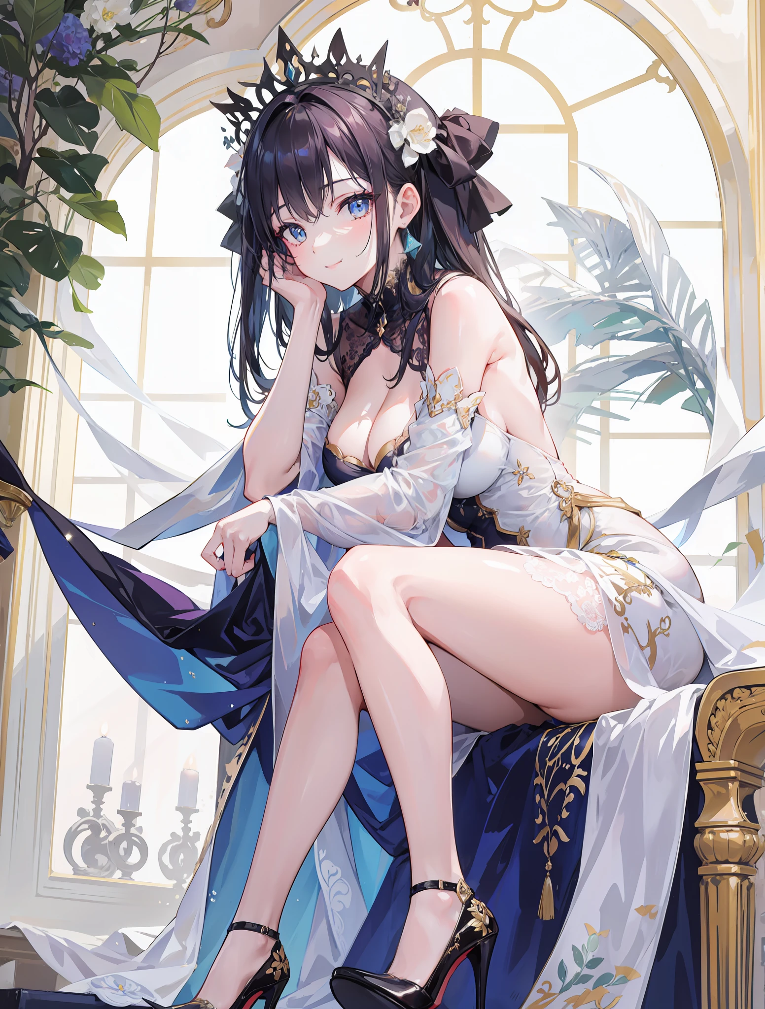 1girl, from below, wearing a luxurious dress, cleavage window, beautiful, beautiful pose, high heels, hand on the hair, smile, hand on the breasts, sitting