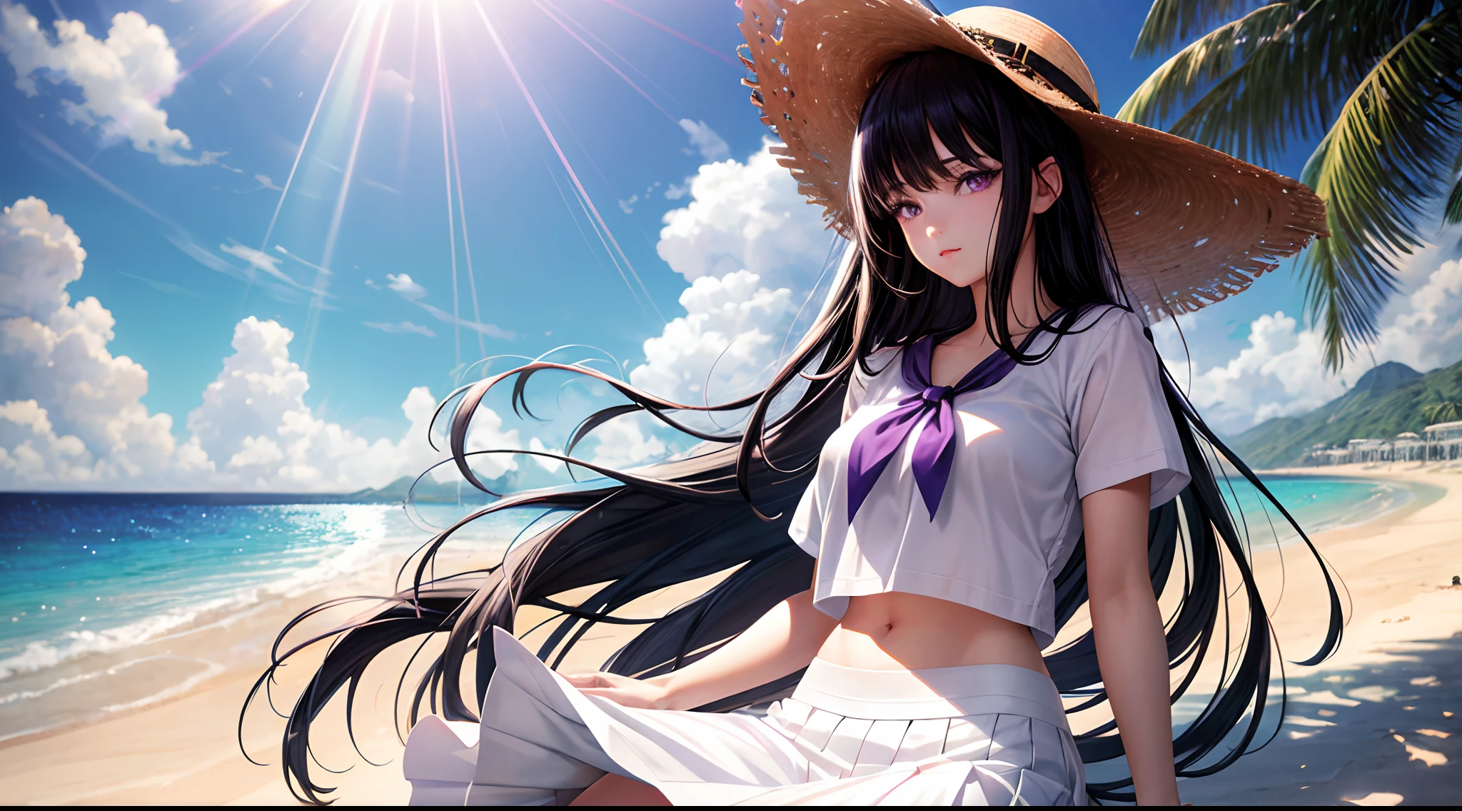 realistic, 1girl, black hair, purple eyes, light rays, wallpaper, high definition, beach background, wearing white skirt, wearing white shirt, wearing strawhat, (((shining eyes)))