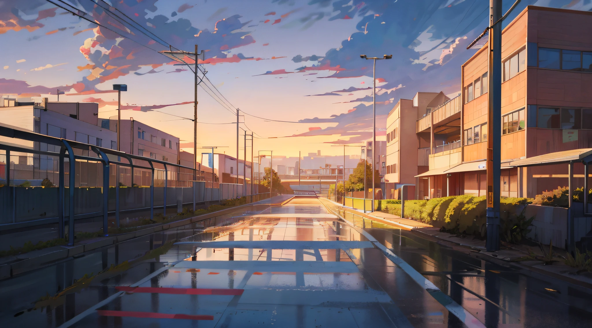 Buildings，Racing tracks, highschool background, , random background scene, view over city,  realistic establishing shot, Scenic city background, [[empty warehouse]] Background, , Bright background, arte de fundo，Teaching buildings，playground，Clean and bright