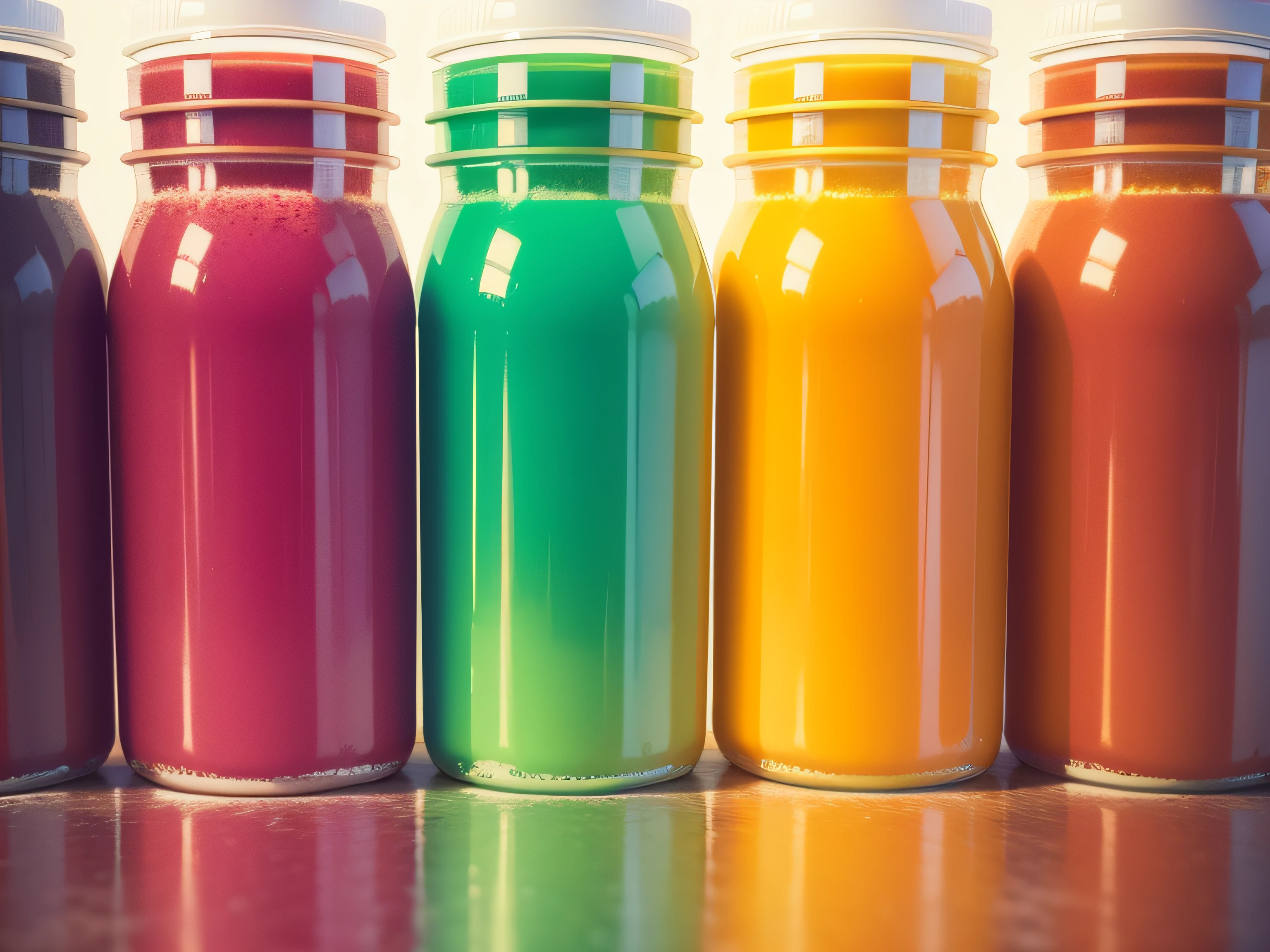 Colorful fruit juices, In a variety of colors, Realistically rendered, photo-like style.