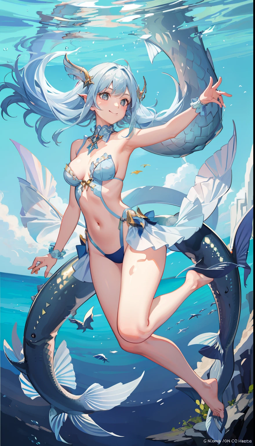 1girl in、A smile、A delightful!　mermaids、Lower body is a fish、