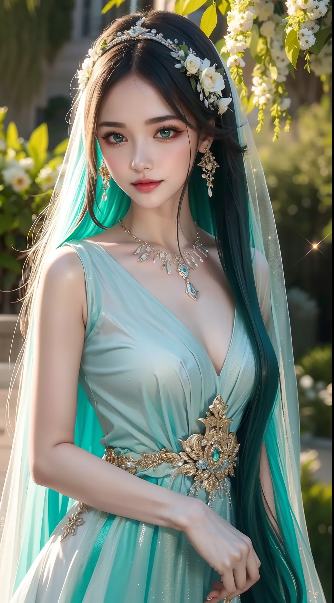 4K ultra hd, masterpiece, a cute girl, good face, detailed eyes, liquid lipstick, long hair, spreading hair, necklace, beaeutiful dress, long dress, marriage dress, green color, high lights, light effects, shining, realistic background, nature background, flowers, whole body capture,