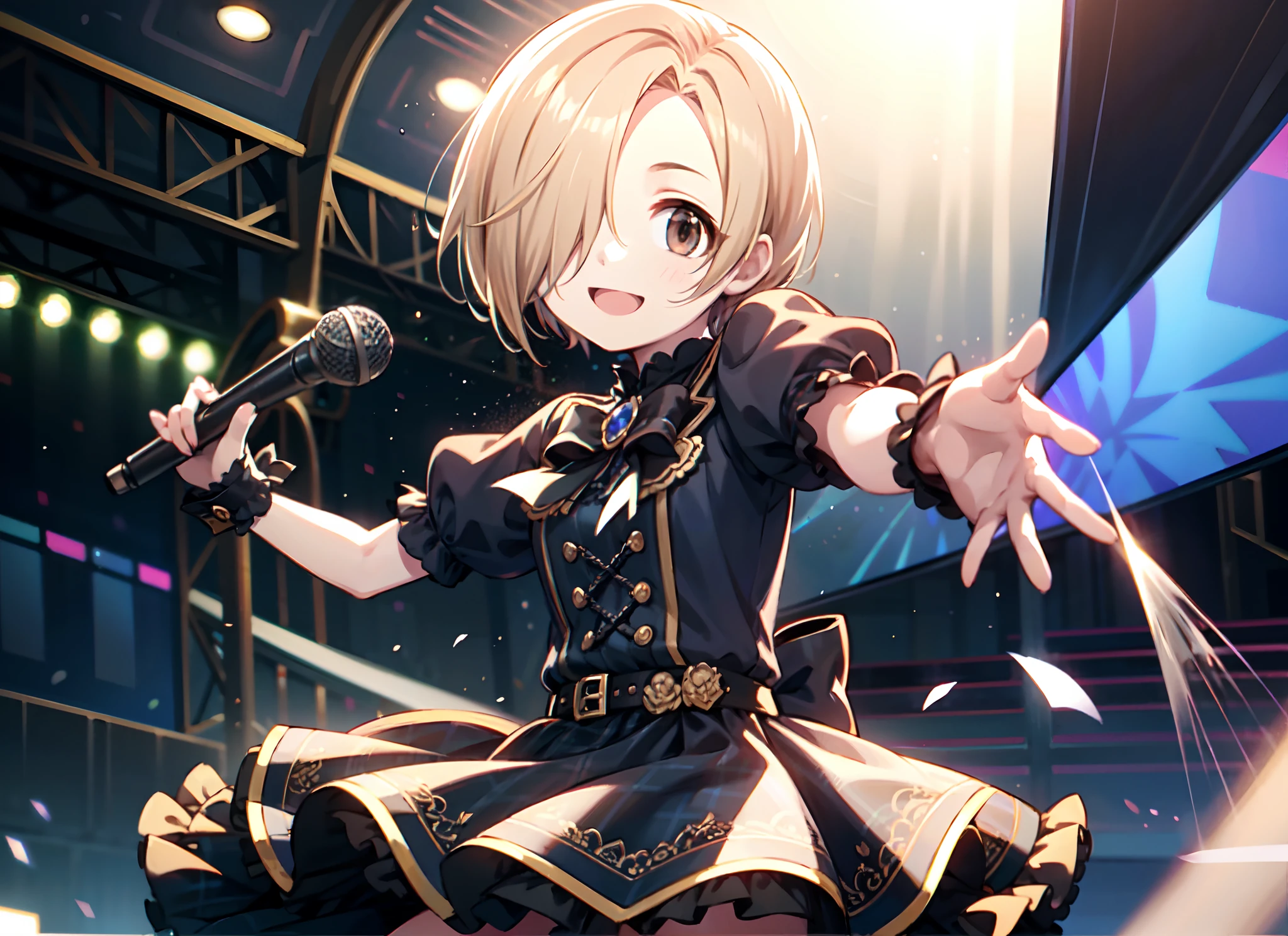 masterpiece, best quality, ultra-detailed, illustration,
shirasaka koume, (1girl, solo),
smile, short hair, blonde hair,
bow, brown eyes, short sleeves, hair bow, puffy sleeves, belt, hair over one eye, puffy short sleeves, wrist cuffs, plaid, 
(on the stage, (holding microphone:1.3), sing),
highest quality, realistic lighting, light particles, intricate (high detail:1.3), masterpiece,