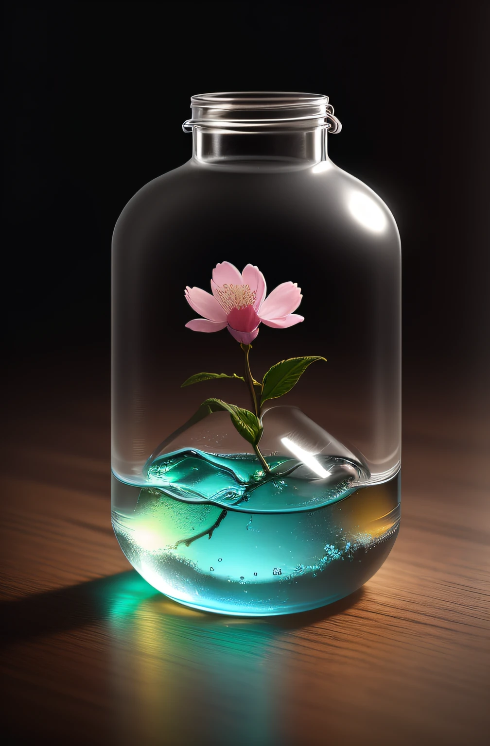 Cherry blossom tree in a bottle，Grows out of the bottle，nipple sticking out，fluffly，realisticlying，Atmospheric light refraction，Photo by Lee Jeffries，Nikon D850 Film Stock Photo 4 Kodak Portra 400 Camera F1.6 shots，rich colours，hyper realistic lifelike texture，dramatic  lighting，unreal engine trending on artstation cinestill 800，Style-Glass