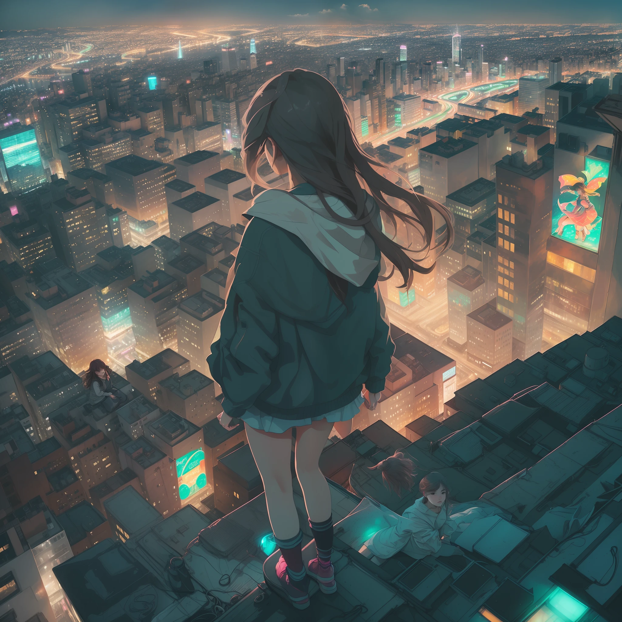 Girl looking down on the city from the roof of a building、(Detailed cityscape、Colorful lights、Rear view)、Clothes and hair fluttering in the wind