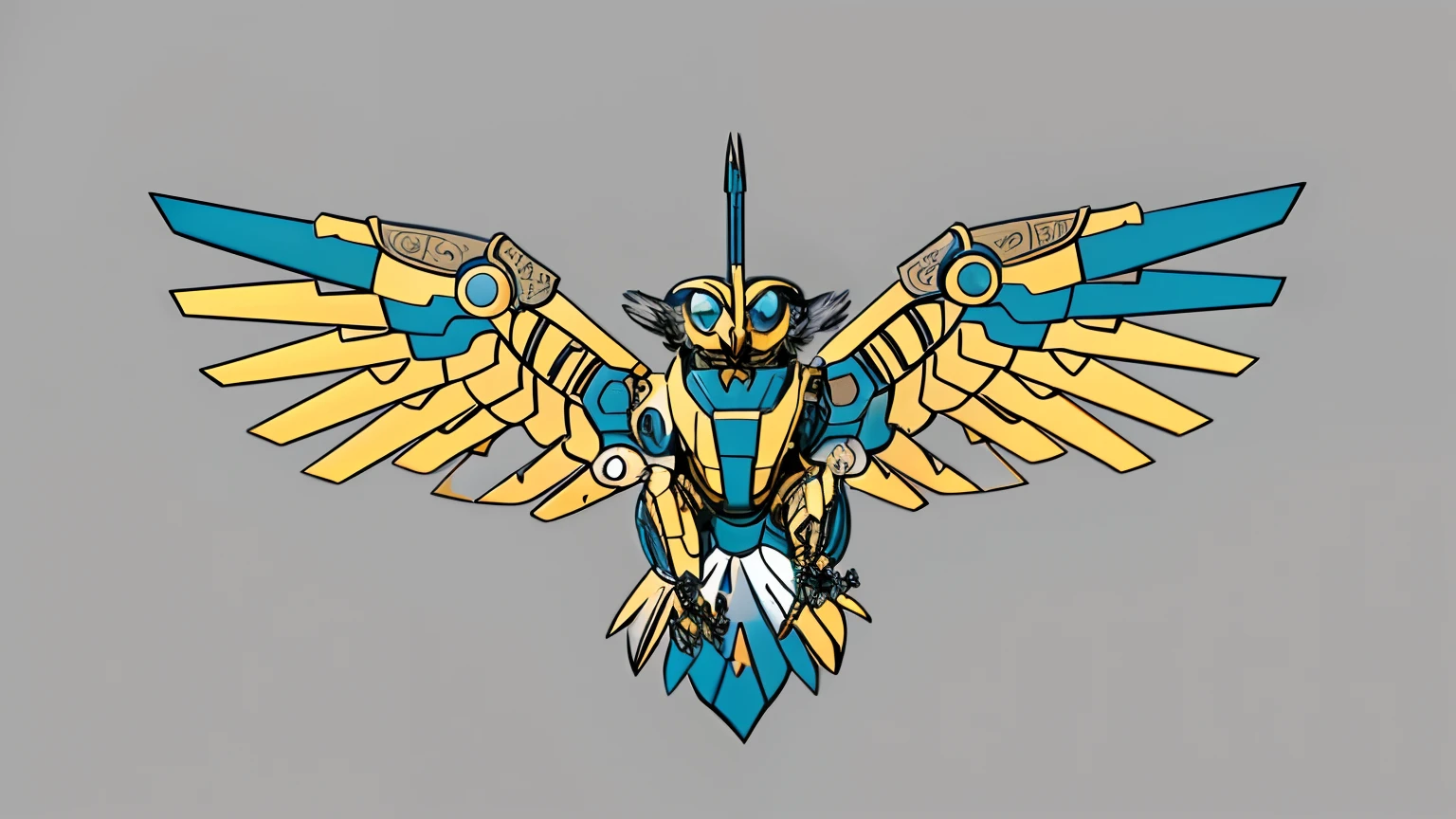 A drawing of a stylized bird with wings and a sword, Mecha wings, cyborg wing, detailed cosmic angelic robot, Mechanical wings, vitruvian mecha, Robotic birds, Mechanical owl, Mechanical birds, variable lineart, Line art, with a giant robot owl, greek god in mecha style, mechanical angel, stylized linework