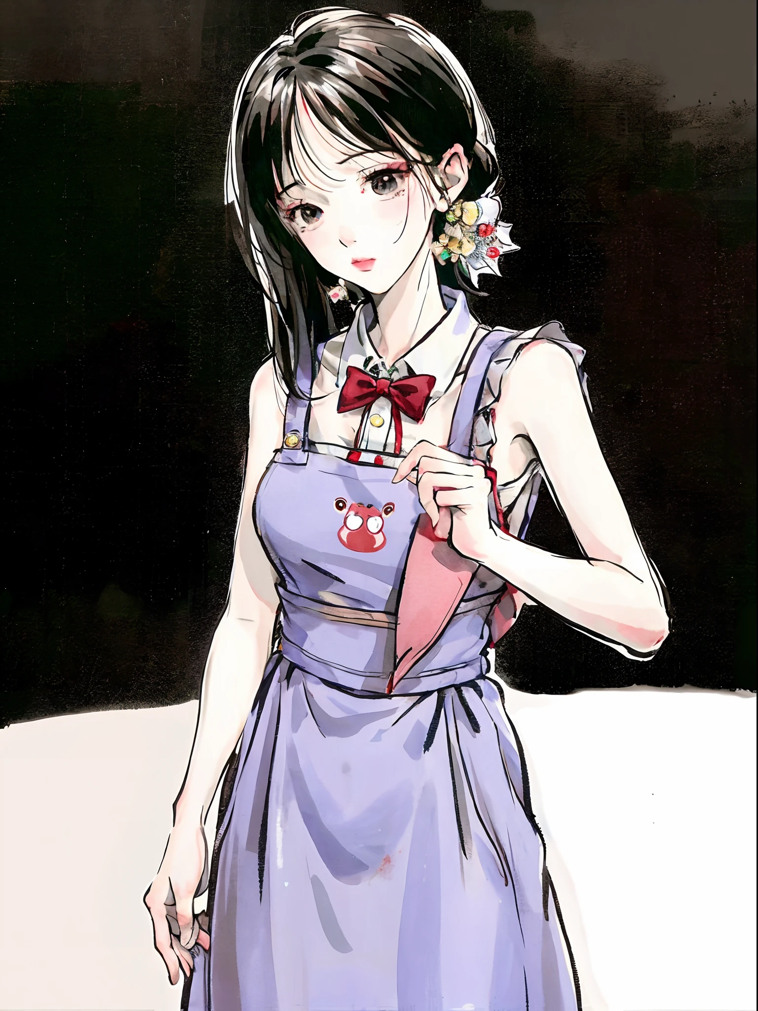 masterpiece, best quality,Fair skin,Cartoon picture of a woman and a man standing side by side, wearing apron, in an apron covered in blood, detailed dress and face, junji ito style, Floor plan about the《Ishida art manga》, starving artist wearing overalls, wearing camisole, rena nounen style 3/4, clear outfit design, Wearing : vests, aprons