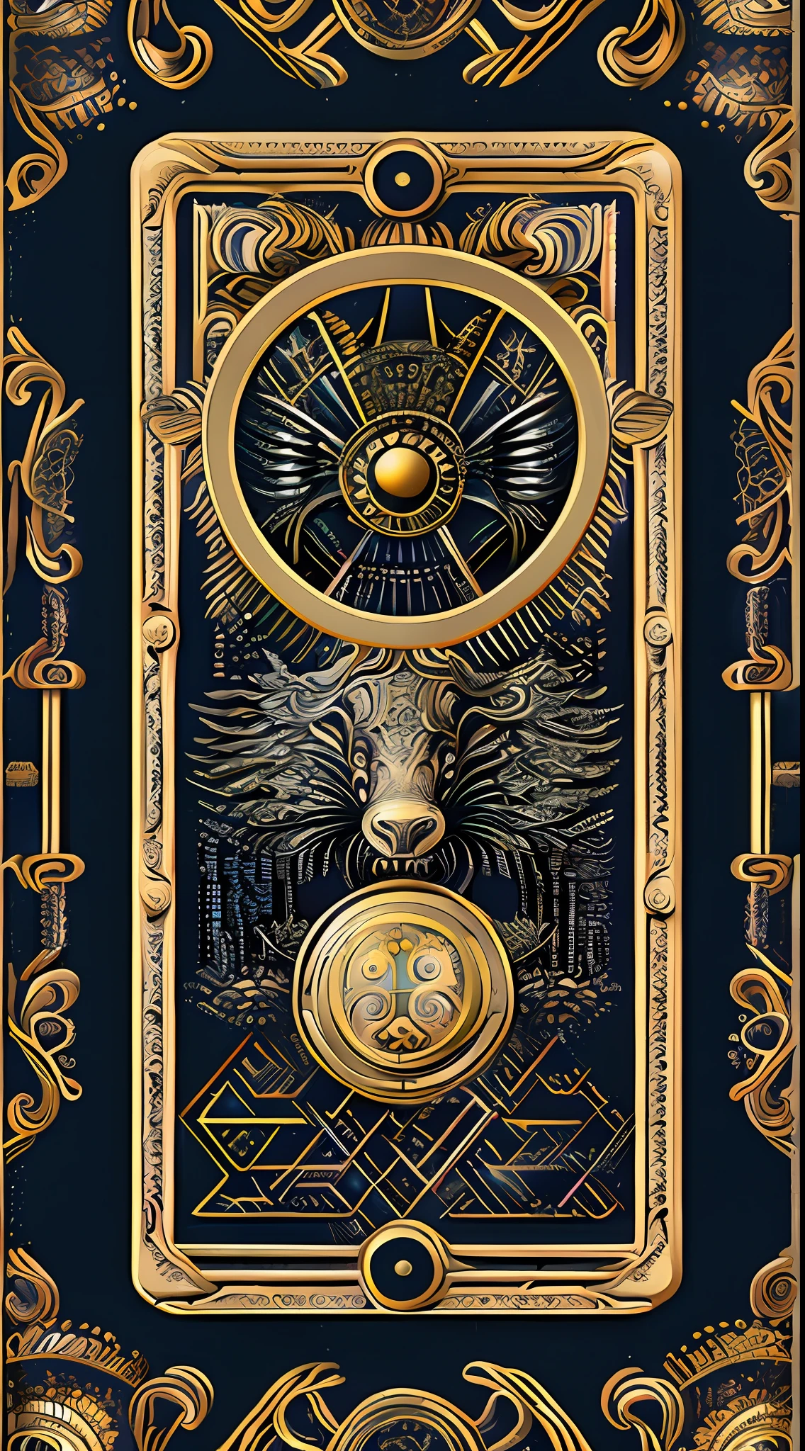 Masterpiece, the intricate back of a sleek and luxurious ralistic big black goat tarot card deck, incredible and finely detailed geometric occultist pure black and gold symetrical pattern, symetric vintage  intrincate ornamental  frame, vintage and witchcrafted, dark,  athmospheric view, intricate Gothic, mystical, mysterious, occultist symbols, epic dramatic, impressive,  Intricate design, in black, extremely detailed and realistic pattern, middle mirror black goat centered in the frame, impressive, creepy, witches, esoteric details, ouija,  wood texture, WoodIronAI, soul card, (horridtarot),
horridtarot