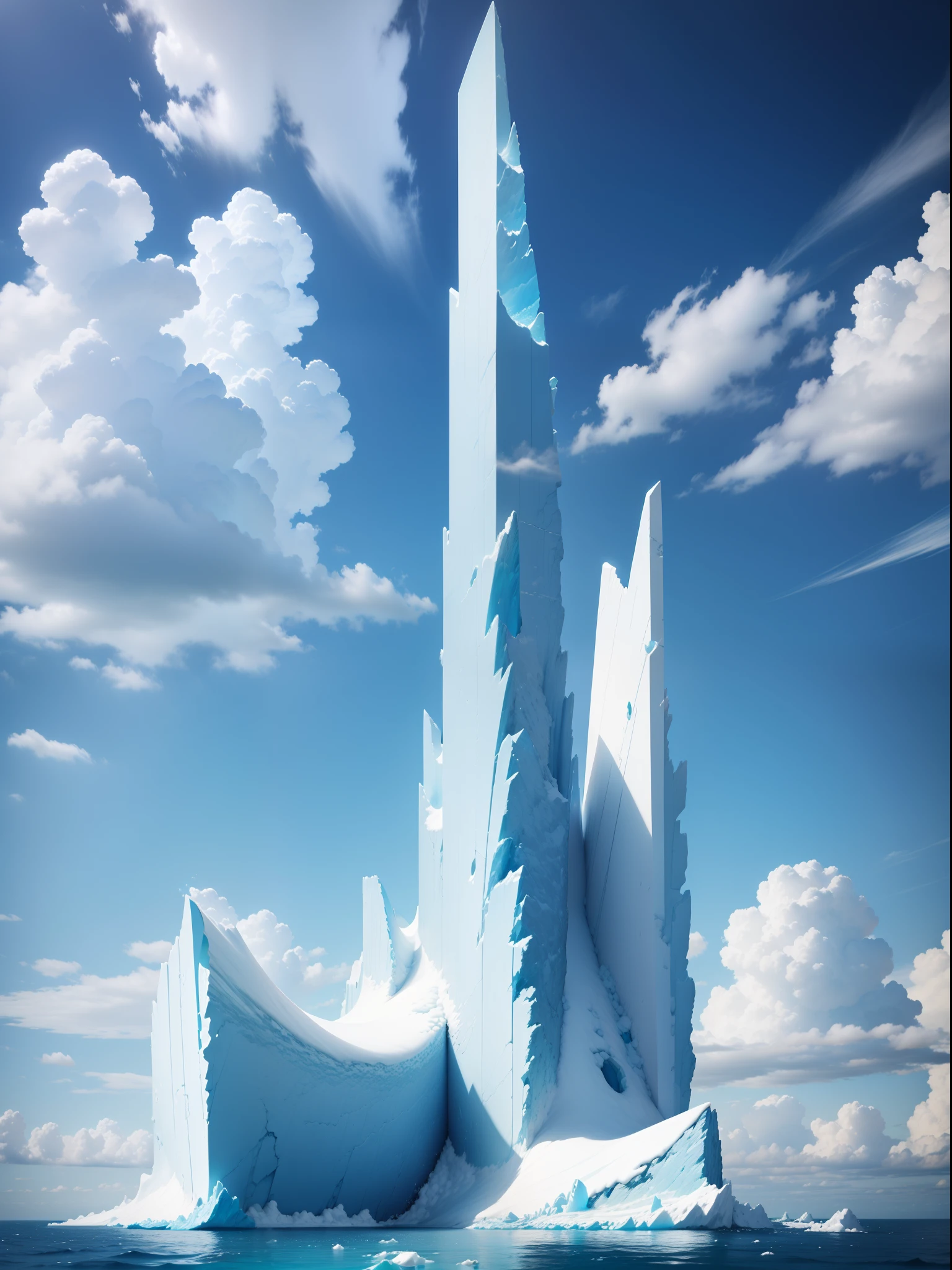 with blue sky and white clouds，Clear sea，Tall icebergs，k hd，detail-rich，RAW photogr，