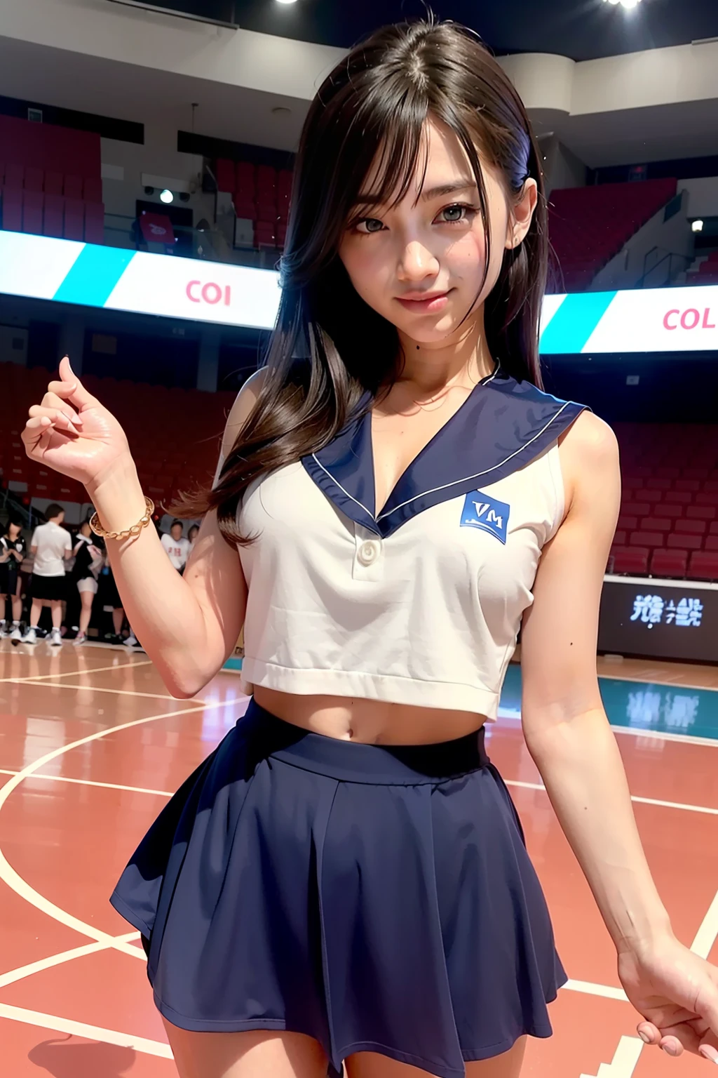 （8K分辨率，Full body photo in the distance，photorealestic，Wallpapers），（1 female，18yr old，（The facial features of Sakai spring water：1.8，Face with thin bones，s delicate face），com rosto detalhado，（Light makeup），Beautiful face，com rosto detalhado，详细的脸，Ultra-fine makeup，Black colored eyes，Short shawl hair curled inward，（Blown-out hair，Messy has layers），Redlip，Fair smooth skin，（Best Skin Type：1.21），mediuml breasts，（cheering party，Fitted sailor suit，high school school uniforms，（（Red bow on the chest））），Tall and tall，perfect hand，Perfect posture，Ultra-fine clothing material），（Basketball court，Exquisite arena details，（Faraway view，Cheerleaders，There were a lot of spectators in the audience，Teammates of the cheerleaders）），（expressioness：self-assured，exhilarated，confident smile，Rejoice），（Various arena lighting assistance，profesional lighting，动态照明），（Color contrast，subtle sensuality，vivaciousness，rays of sunshine（white colors，greys，blue colors）），（Golden section，Cinema lenses，Hasselblad photograp，tmasterpiece：1.3），（adolable，rays of sunshine，vivaciousness，cheering party，Sporty style，Artis，Official propaganda）