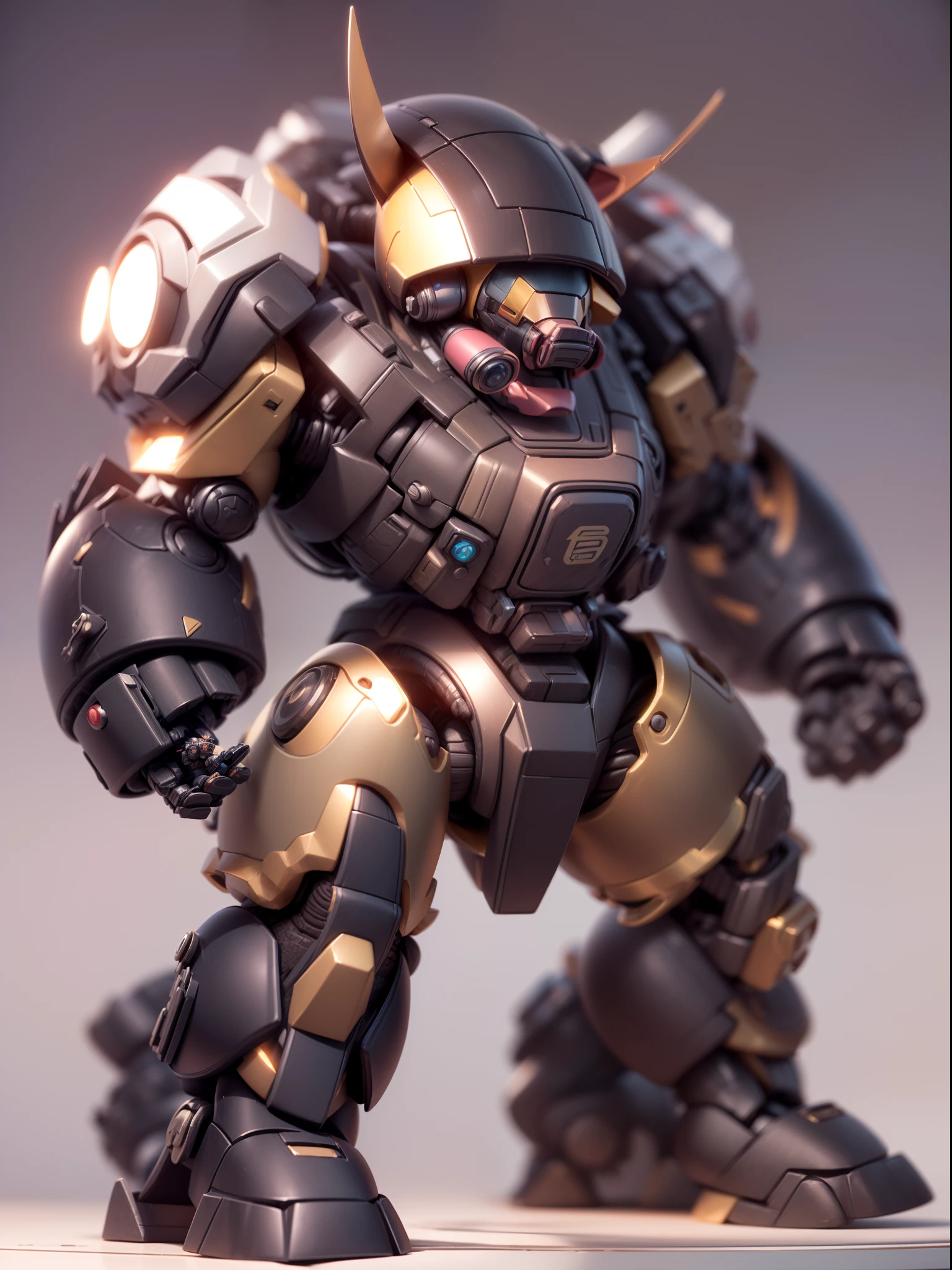 (Blind box toy style:1.3),((Full body shot))(anthropomorphism) , (1 strong pig mecha warrior)(((solo))) metal mecha,dreamy glow, Clean dark background,Brown black style，(circular base）( Global illumination, Ray tracing, hdr, unreal render,reasonable design, high detail, Masterpiece, Best quality, hyper HD, Cinematic lighting)