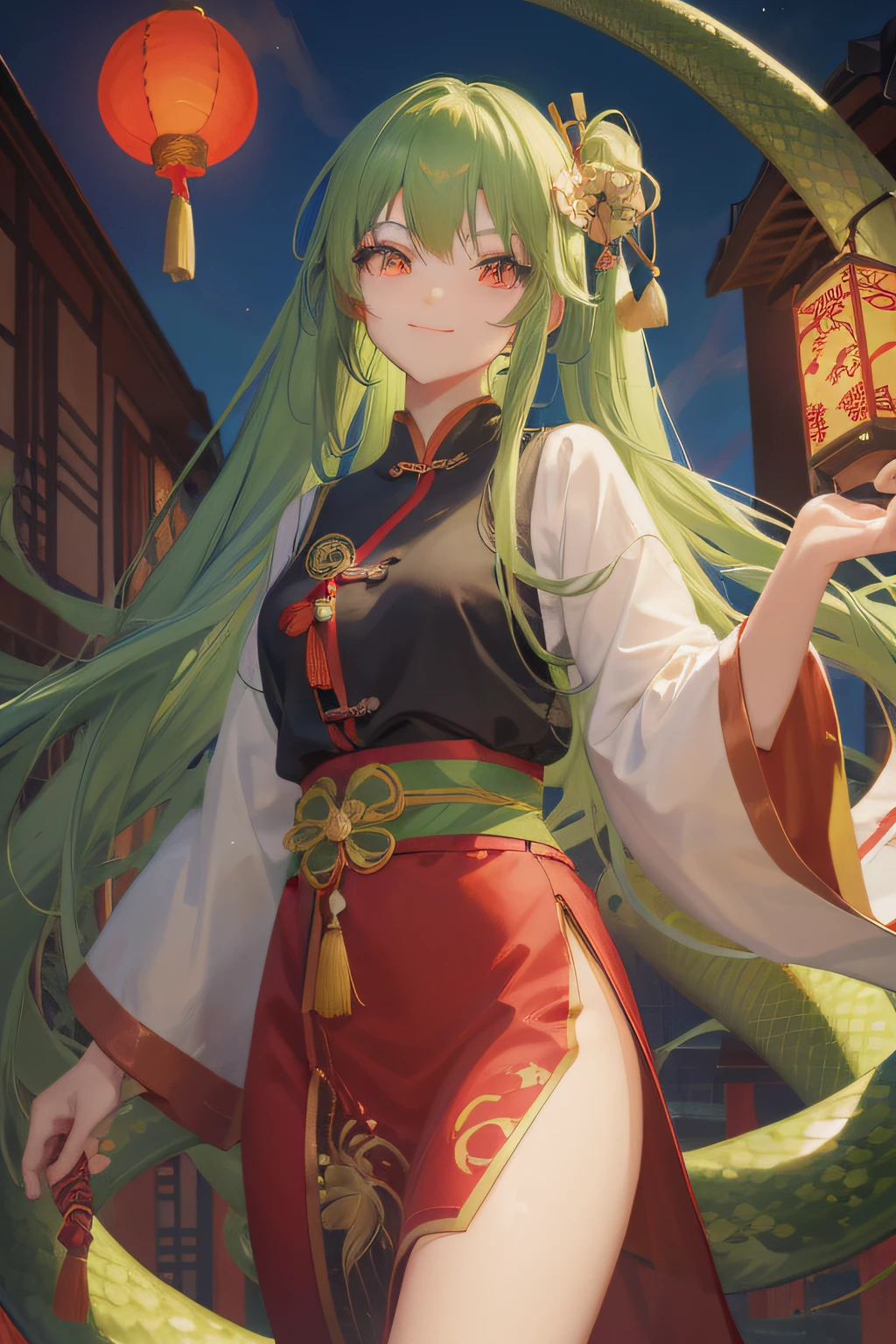 A beautiful girl, anime style girl, green hair, straight hair, long hair, twin tail, tied up with a ribbon, red eyes, chinese cloth, red hanfu, with many animal cages, with snake, green snake, smiling, 8k, super detail, masterpiece, high quality, high resolution, high detail, high face detail, HD quality