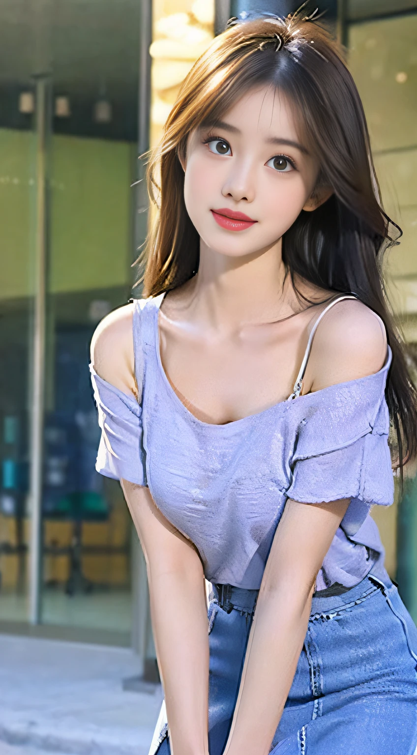 Beautiful and charming woman in fashion trend, gentle and lovely Chinese beautiful woman, big breasts, delicate sexy collarbone, charming goose egg face, double eyelids, flexible peach blossom eyes, pink lips, small upturned nose, bare shoulders, focused face, face close-up, ultra-high-definition, super detail, full-body photo, ultra-thin translucency, with this light blue denim skirt with beige T-shirt, gentle light color sex with white and beautiful skin, outstanding temperament, plus the whole matching elastic combination is also very revealing figure, can see-through,