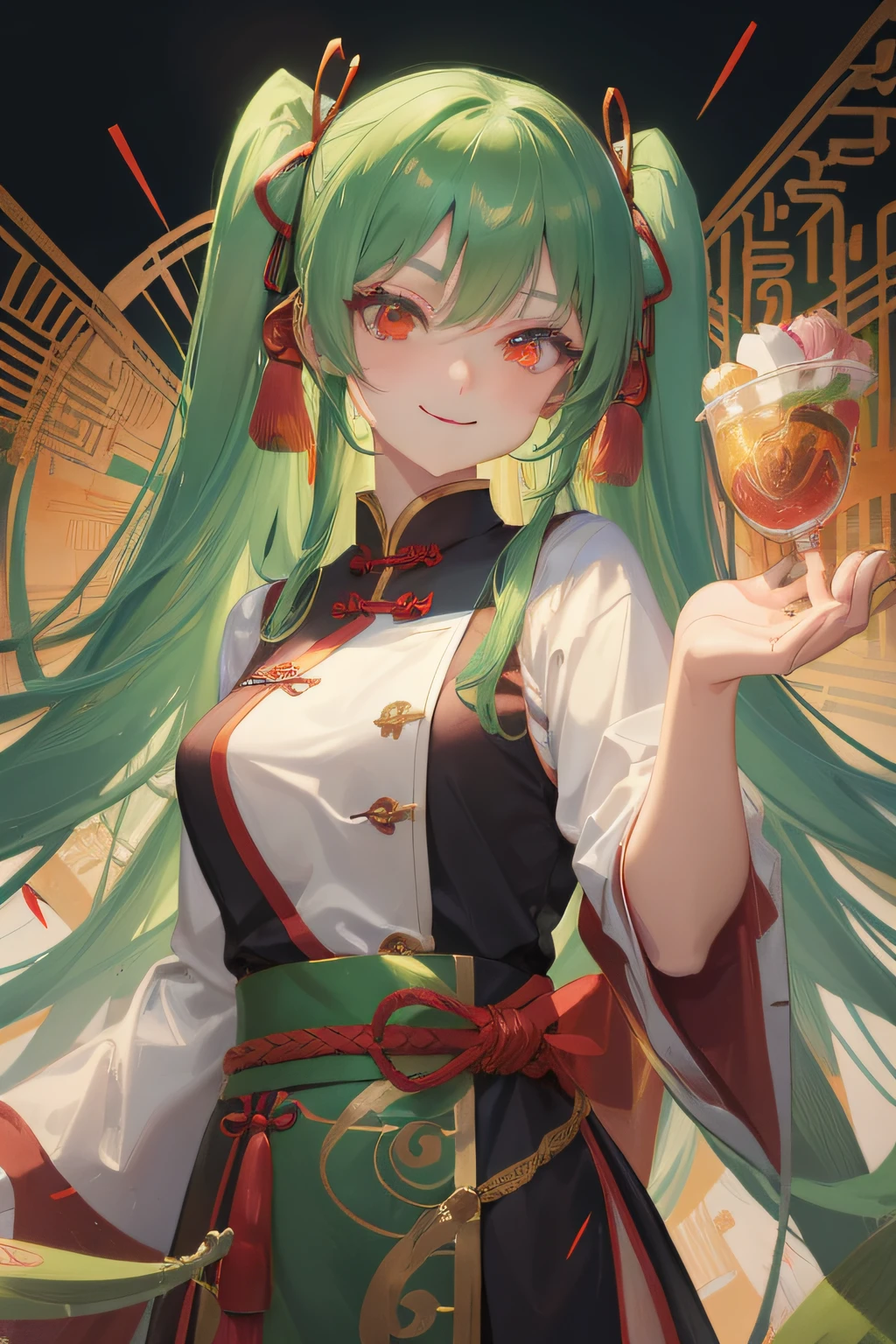 A beautiful girl, anime style girl, green hair, straight hair, long hair, twin tail, tied up with a ribbon, red eyes, chinese cloth, red hanfu, with many animal cages, with snake, green snake, smiling, 8k, super detail, masterpiece, high quality, high resolution, high detail, high face detail, HD quality