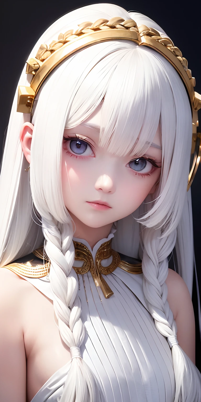best quality, masterpiece,white hair, gold eyes,white clothes, looking up, upper body,hair strand,Fair skin,side braids