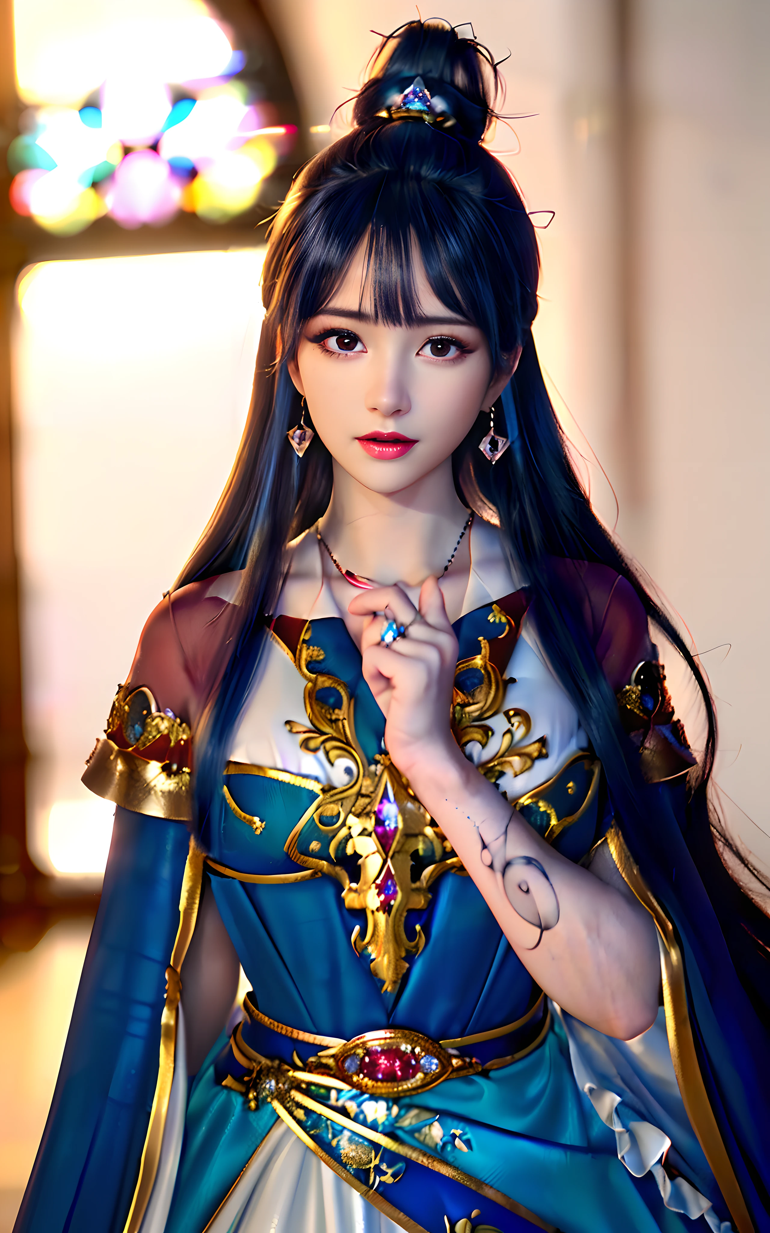((realisticity: 1.2)), ((realistic: 8K UHD)), ((best resolution: 8K UHD)), hyper detailed, best quality,masterpiece,highres,cg, ((1 girl hyper detailed and hyper realistic) ) , ((beautiful queen, hyper realistic and hyper detailed)),((white skin, beautiful, smooth, youthful, hyper realistic and hyper detailed )), ((Face hyper beautiful, white, hyper realistic and hyper detailed ) ), long hair, ((hyper realistic and hyper detailed dress)), solo, ((hyper realistic, hyper beautiful, beautiful and hyper detailed jewelry)), ((hyper beautiful deep red and golden yellow dress, hyper realistic and hyper detailed )) , ((Her pretty, hyper realistic, hyper detailed diamond filled earrings)), ((Her gorgeous diamond haircut, hyper realistic and hyper detailed)), ((hyper pretty upper body, hyper beautiful, hyper realistic and hyper detailed) ), ((medium breast: 1.5)), ((hyper realistic, hyper pretty, hyper detailed boobs)), ((the backgroun of the royal palace is hyper majestic, hyper realistic and hyper detailed)),((hands and palms hyper beautiful, hyper detailed, hyper realistic)), ((fingers: pinky finger, index finger, ring finger, middle finger, and thumb hyper realistic, hyper detailed, hyper beautiful)), ((hyper pretty, hyper pretty, hyper realistic and hyper detailed hair bun)), ((hyper pretty , hyper realistic and hyper detailed blue hair)), candid, Photo, high resolution, 8k , bokeh,