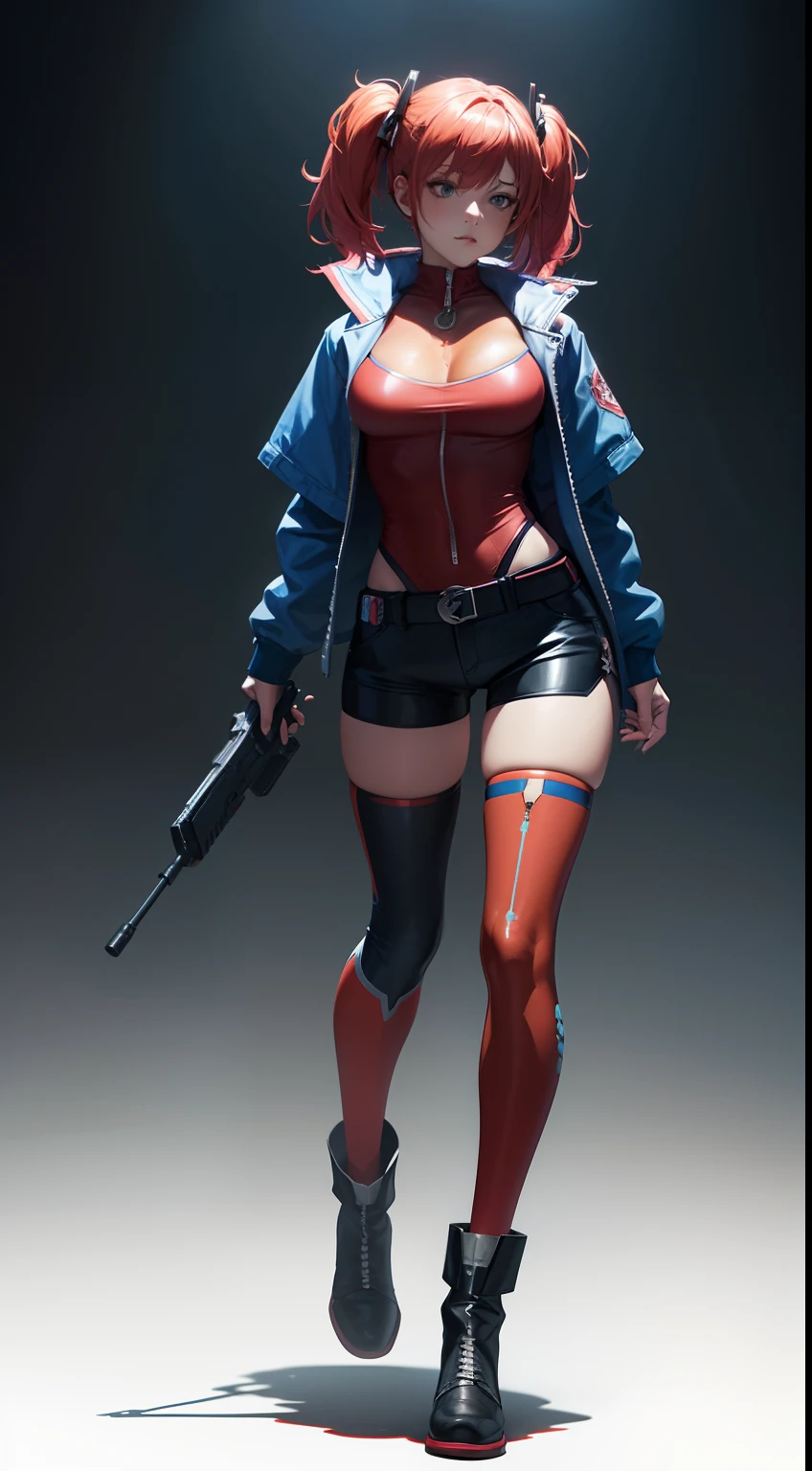 dual horsetail，The tail of the horsetail is red on one side and blue on the other，Game design: Three views with three emoticons，Game design drawing，Standing painting，Sexy and cute，Bigchest，skin-tight short-pants，Martin boots，Jacket jacket，fishnet stockings，Villains，Clown Girl" Harley Quinn，，Japanese mobile games，Machinary，Up，skin-tight short-pants，Red and blue color scheme，cyborg goddess in cosmos, Kushatt Krenz Key Art Women, Cute cyborg girl, Clown Girl, A woman in a costume holds a gun in her hand, rossdraws volumetric lighting, wojtek fus, Harley Quinn, Halle Quinn standing, Best anime 4k konachan wallpaper, Anime art wallpaper 8 K, Girl with red and blue hair, Anime art wallpaper 4 K, Anime art wallpaper 4k, Badass anime 8 K, Detailed digital anime art, from girls frontline, advanced digital anime art，Three View，Figures，Front view，the sideview，Back view，