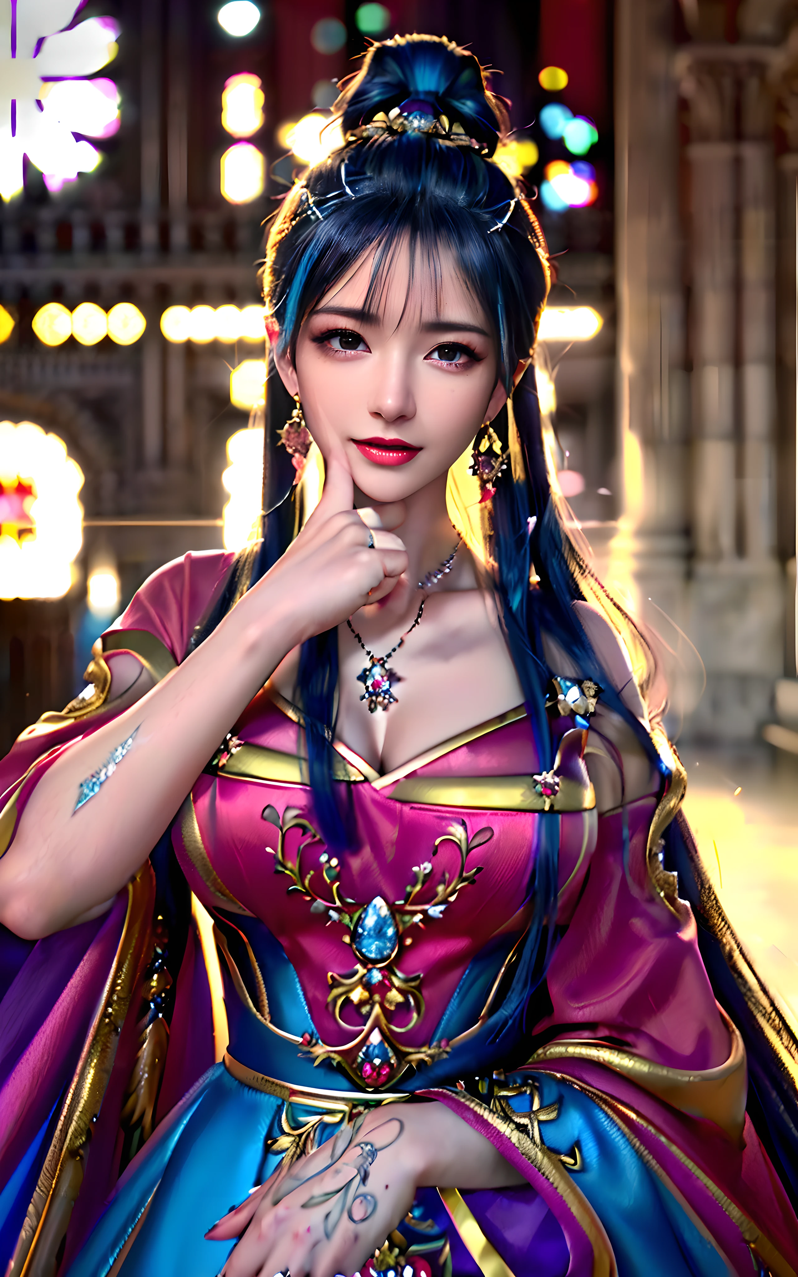 ((realisticity: 1.2)), ((realistic: 8K UHD)), ((best resolution: 8K UHD)), hyper detailed, best quality,masterpiece,highres,cg, ((1 girl hyper detailed and hyper realistic) ) , ((beautiful queen, hyper realistic and hyper detailed)),((white skin, beautiful, smooth, youthful, hyper realistic and hyper detailed )), ((Face hyper beautiful, white, hyper realistic and hyper detailed ) ), long hair, ((hyper realistic and hyper detailed dress)), solo, ((hyper realistic, hyper beautiful, beautiful and hyper detailed jewelry)), ((hyper beautiful deep red and golden yellow dress, hyper realistic and hyper detailed )) , ((Her pretty, hyper realistic, hyper detailed diamond filled earrings)), ((Her gorgeous diamond haircut, hyper realistic and hyper detailed)), ((hyper pretty upper body, hyper beautiful, hyper realistic and hyper detailed) ), ((medium breast: 1.5)), ((hyper realistic, hyper pretty, hyper detailed boobs)), ((the backgroun of the royal palace is hyper majestic, hyper realistic and hyper detailed)),((hands and palms hyper beautiful, hyper detailed, hyper realistic)), ((fingers: pinky finger, index finger, ring finger, middle finger, and thumb hyper realistic, hyper detailed, hyper beautiful)), ((hyper pretty, hyper pretty, hyper realistic and hyper detailed hair bun)), ((hyper pretty , hyper realistic and hyper detailed blue hair)), candid, Photo, high resolution, 8k , bokeh,