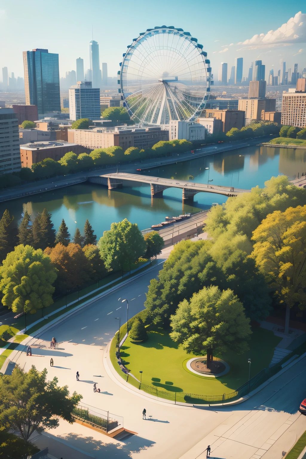 Urban illustration,There is a park in the foreground、lake,Behind are the city high-rises and the Ferris wheel
