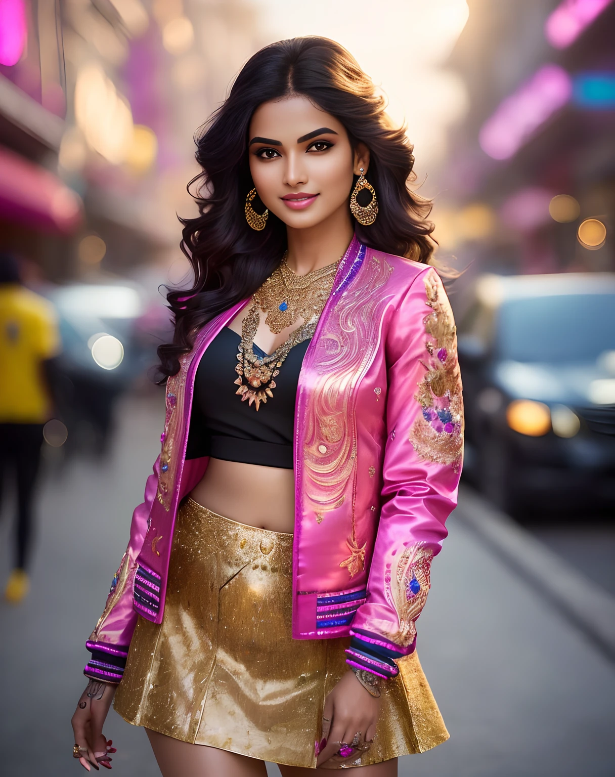 alluring sexy tall curvy (18 yr old) Indian Supermodel indian  walking in style on a a street at night, (wearing Blingy jewel encrusted jacket & sexy embroidered skirt:1.3). (deep neckline),hip hop energy, maximalism, (heavily tattooed:1.3),  (indian makeup & jewelry:1.2) short brown wavy hair with highlights,, vivacious, lustful glance, exhilarated (beautiful detailed eyes:1.1) , (flirty bright smile:1.2), blingy shopping district,(intense dramatic light:1.4), backlit, light rays, highly detailed, trending on artstation, paint splashes, rich colour, dazzling lights all around, (perfect wavy hairstyles), abstract portrait, by Atey Ghailan