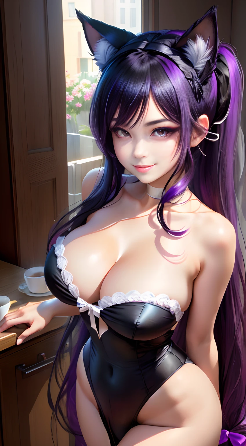 Black hair, long eyelasher, Fake animal ears, Light smile, Fang, Purple hair, Black hair, pony tails, double tails, Very long hair, widow peak, Hair ribbon, maid headdress, mouth veil, Earphone, flowers in head, Heart-shaped pupils, aqua eyes, Purple eyes, Pink eyes, Fox ears, Cat ears, grin, Naughty face, Light blush, chin grab, shadowing, stereograms, tachi-e, Atmospheric perspective, hyper photorealism, 8K, Super detail, ccurate, Best quality, A high resolution, High quality, Anatomically correct, 巨作, A beautyful girl,crisp breasts,cleavage,slender leg,Big breasts Thin waist,White flowers