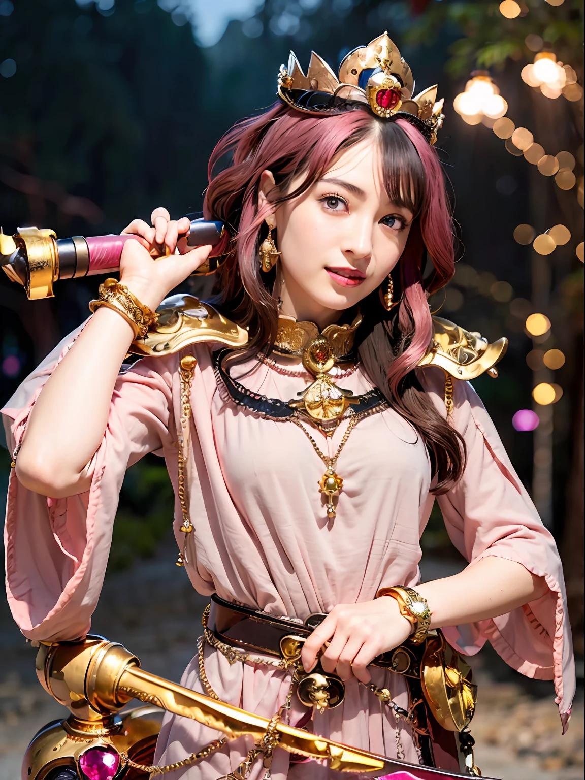 (masutepiece), Professional , ​masterpiece、top-quality、photos realistic , depth of fields （Gemstone Silver Metal Body:1.９),(Matte Pink、Jewel Gold Weapon（Jewel Metal Body:1.４),Gorgeous metal weapons , Detailed Sword of the Brave , Beautiful knife   ,warhammer 40k , adepta sororitas,Detail and ornate jewel crown、Black hair、Gangle's forest background、Beautiful Caucasian beauty、１a person、dynamic ungle,(((Detailed and ornate diamond crown)))、Smaller head、A smile、Take a sexy pose、Background inside the castle、Thin and beautiful female hands、