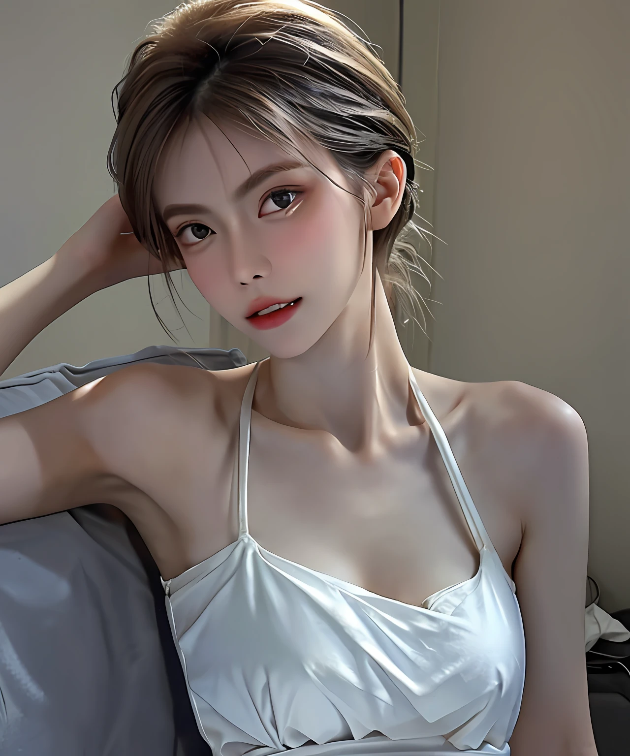 Fashion model 25 years old, [Close-up]]]], [[Chest]]]], [Neck]]]], [Shoulder]]]], perfect eyes, perfect iris, perfect lips, perfect teeth, perfect skin, soft front light, glow, HDR, (muted colors: 1.2)