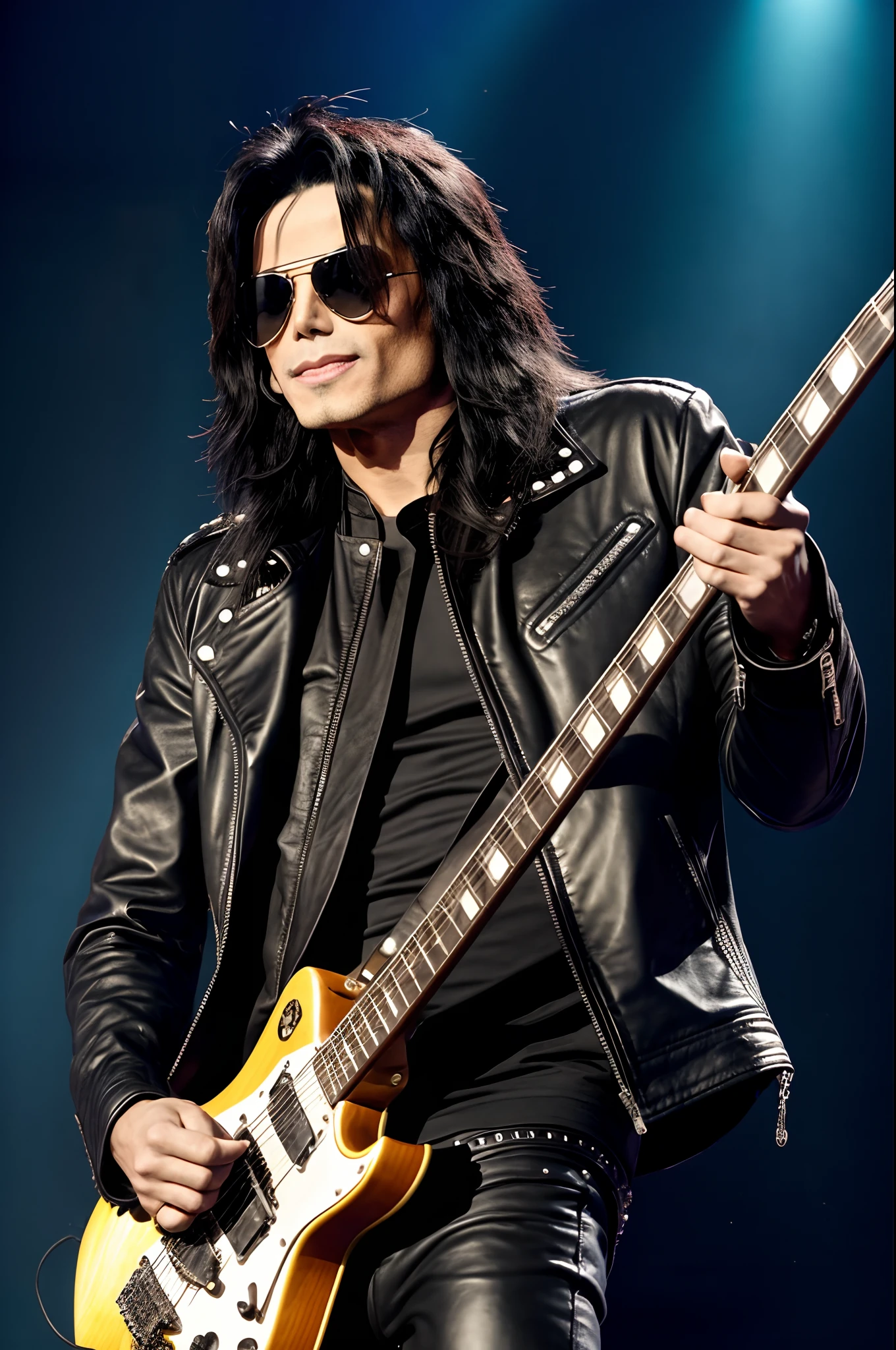 "rock star, michael jackson, edgy, cool pose, leather jacket, sunglasses, long hair, shine, concert stage, live performance, electric guitar"