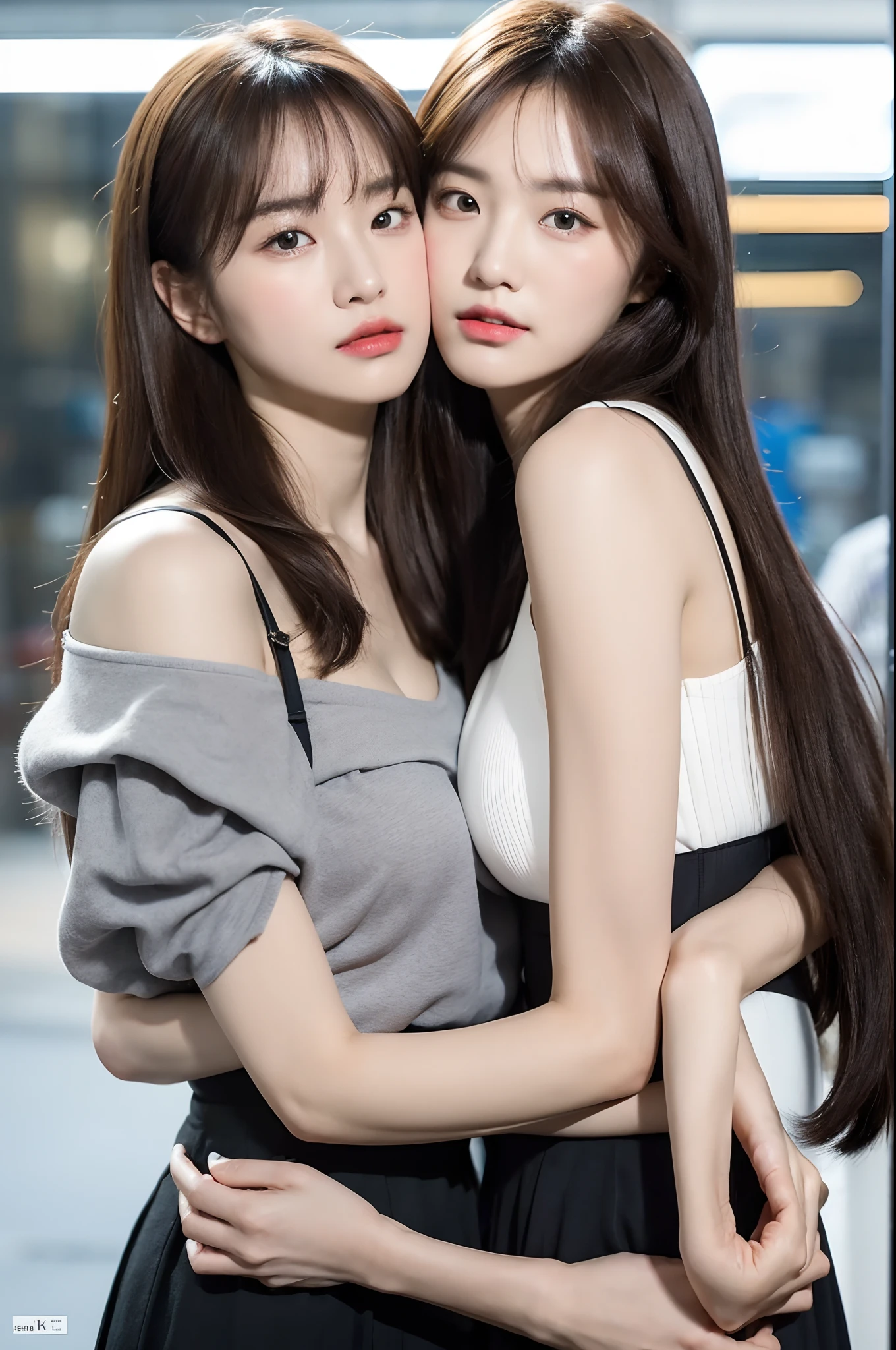 (two Korean starswith royal sister style,duo,hugging,kissing), ((best quality, 8k, masterpiece: 1.3)), focus: 1.2, perfect body beauty: 1.4 , (funny expression), (night street: 1.3), highly detailed face and skin texture, fine eyes, double eyelids, whitened skin, (air bangs: 1.3), (round face: 1.5), (thin strap top: 1.4),