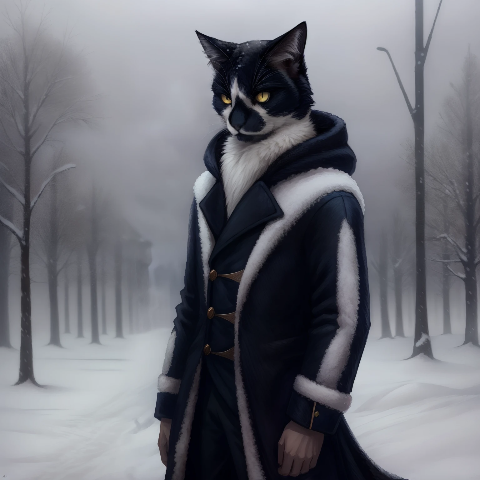 Leo, anthropomorphic, cat anatomy, standing upright, white peacoat, furry trim on hood, in a snow storm, serious face, standing upright, glowing yellow eyes, elegant designs