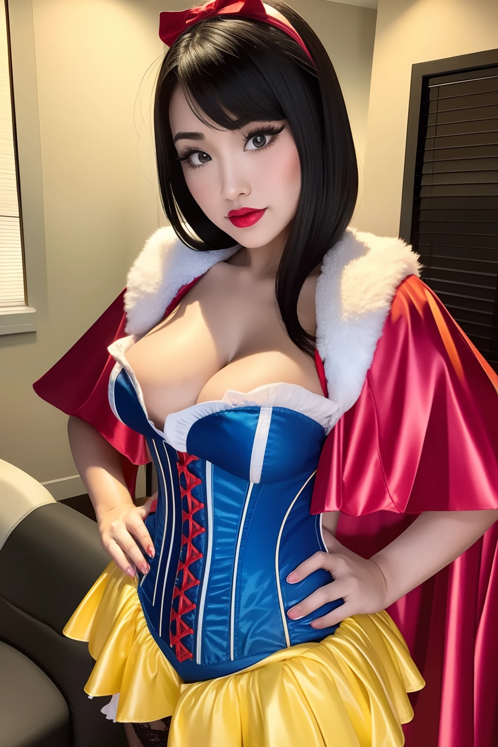 Extreme closeup, upper body shot,Beautiful Japanese 14 year old female teenager, wearing snow white cosplay, blue silk corset, red silk cape, yellow silk pleated skater skirt, black leggings, black bob hair, red hairband, masterpiece, photorealistic, amazingly detailed face, maximum resolution,  small breasts, hand on hip, happy, dynamic pose, cute, extremely detailed skin