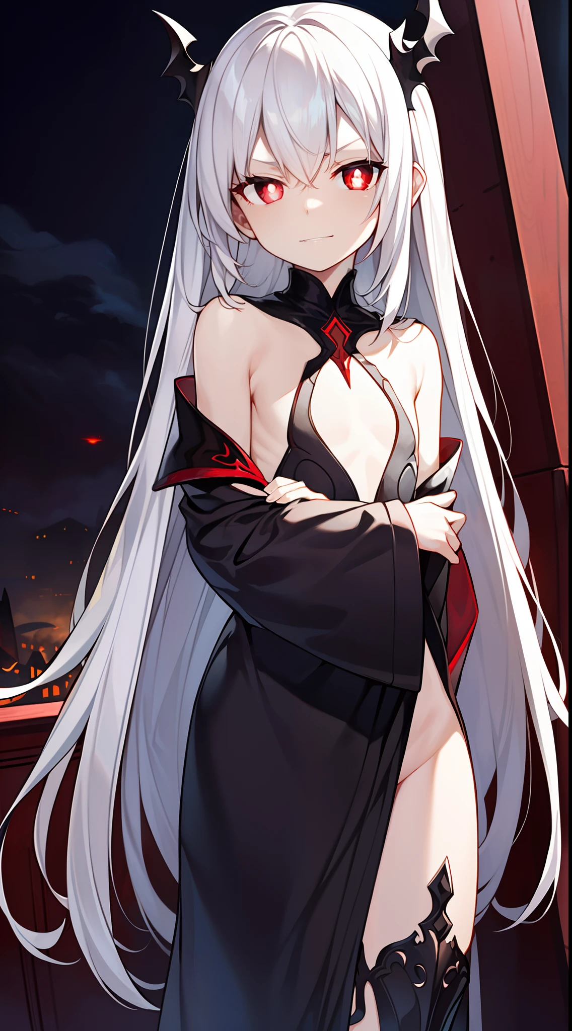 (Beautiful wallpapers) ，(evil theme)，long  white hair，red pupils，Loose black robes and armor，Dominate the disaster，Handsome，Flat chest，Close up，Red Storm，(A world shrouded in darkness)，(Otherworld town background)，The decline of the world，(Nudity all over)，(Split legs)