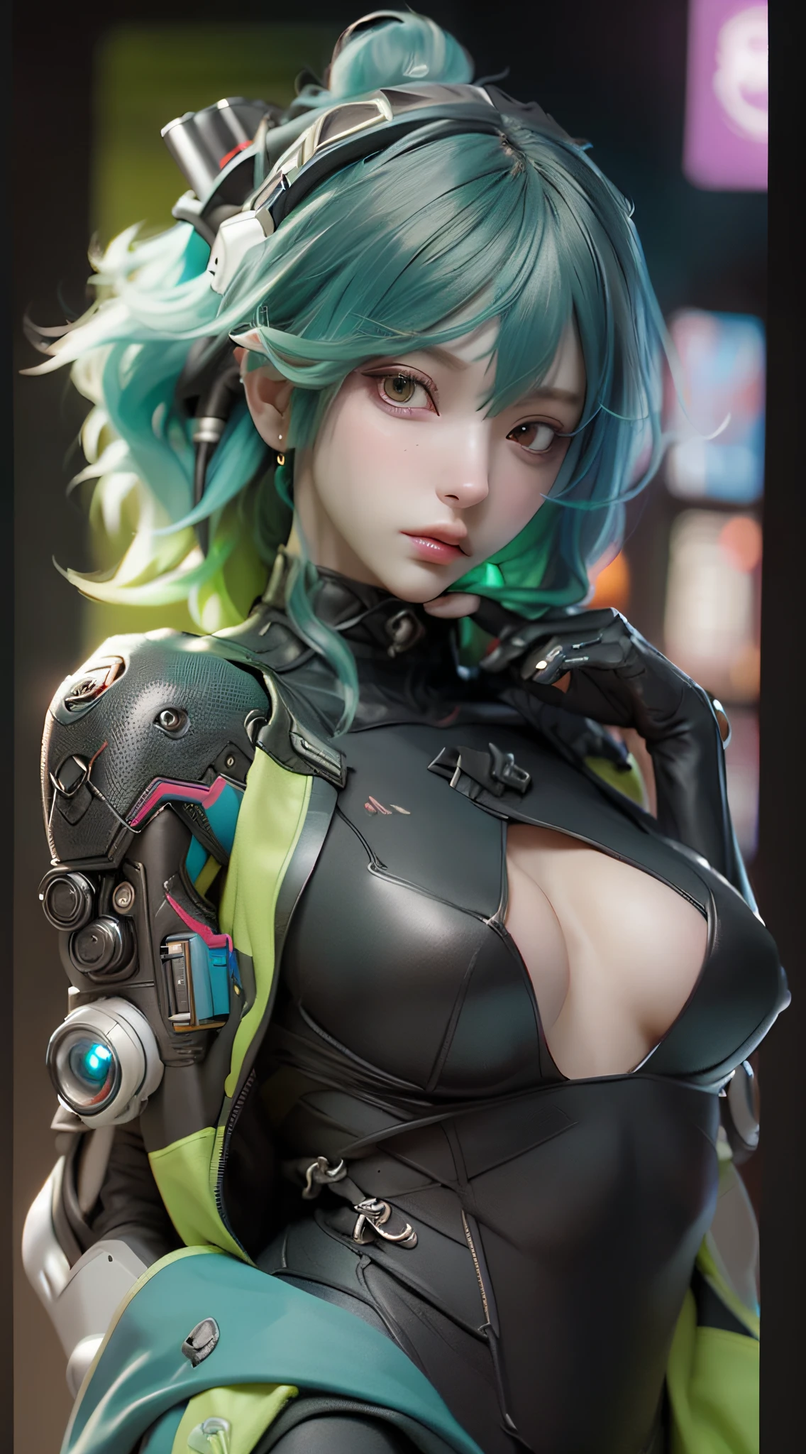 ((best qualtiy)), ((tmasterpiece)), (the detail:1.4), 3D, A beautiful cyberpunk female image,HDR（HighDynamicRange）,Green hair，TATTOO，Ray traching,NVIDIA RTX,Super-Resolution,Unreal 5,Subsurface scattering、PBR Texture、post-proces、Anisotropy Filtering、depth of fields、maximum definition and sharpness、Many-Layer Textures、Albedo e mapas Speculares、Surface Coloring、Accurate simulation of light-material interactions、perfectly proportions、Octane Render、Two-colored light、largeaperture、Low ISO、White balance、the rule of thirds、8K RAW、