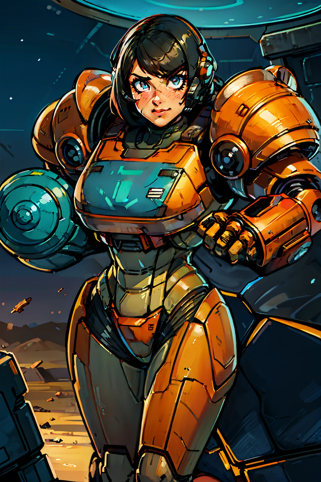 sexy, professional artwork, detailed eyes, beautiful eyes, beautiful face, flawless face, gorgeous face, smooth features, blush, thick thighs, beautifully detailed background, sci-fi, science fiction, future, neon lights, space ship interior, space ship, space, space visible through window, outer space, mechanical background, power armor, power suit, armored, armor, cyberpunk, cyborg, cyborg woman, cybernetics, cybernetic, robot, robotic arm, robotic leg, smiling, short hair, black hair, black armor, metroid, metroid prime, heavy armor, mecha suit, retro armor, bare metal armor, rust, dark armor suit, armor suit, metal breastplate, fully armored, full plate, t-51b power armor, t-51, fallout power armor, fully covered, voluptuous, curvaceous, thicc