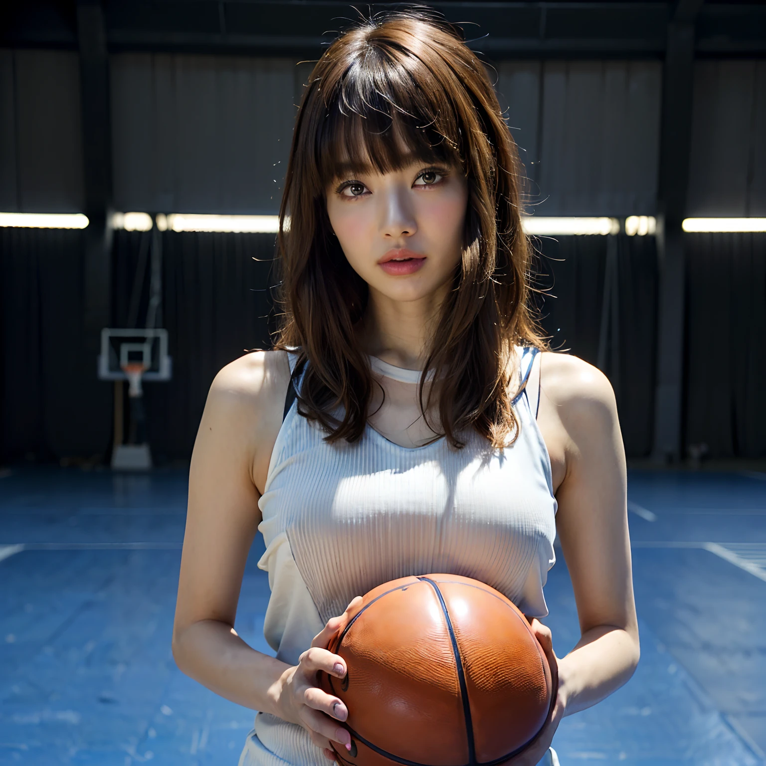 (((top-quality、8K、​masterpiece:1.3))、sharp:1.2、Perfect Body Beauty:1.4、medium breasts⁩、((((Layered Hair Style、Medium Breath:1.2))、Highly detailed facial and skin texture、A detailed eye、二重まぶた、(Basketball court)basketball、Basketball Uniforms