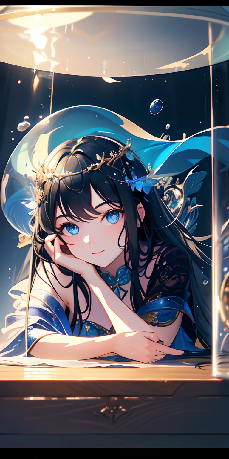 [(Transparent background:1.5)::5],(((Masterpiece))),(((Best quality))),(((Extremely detailed))),illustration, 3girl,Solo,mysterious,vivd colour,Shiny, Underwater transparent sealed hemispherical glass dome, (Black hair),(Blue eyes), full bodyesbian,Barefoot,Long hair is calm and natural, Koi,Underwater, Close up,Dynamic actions,Lens perspective,(((Box composition))),sitting cross-legged，Leaning against the bookshelf, voluminetric lighting, Monochromatic eyes, Detailed eyes, ultra - detailed,Light smile, Highly detailed, Beautiful, small detailed, Ultra detailed, Best quality, Intricate, 4K, 8K, trending on artstationh, Good anatomy, Beautiful lighting, Award-winning,