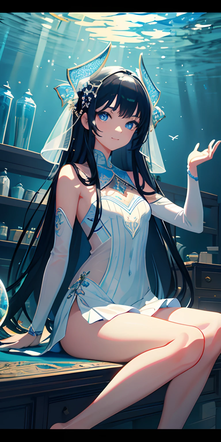 [(Transparent background:1.5)::5],(((Masterpiece))),(((Best quality))),(((Extremely detailed))),illustration, 3girl,Solo,mysterious,vivd colour,Shiny, Underwater transparent sealed hemispherical glass dome, (Black hair),(Blue eyes), full bodyesbian,Barefoot,Long hair is calm and natural, Koi,Underwater, Close up,Dynamic actions,Lens perspective,(((Box composition))),sitting cross-legged，Leaning against the bookshelf, voluminetric lighting, Monochromatic eyes, Detailed eyes, ultra - detailed,Light smile, Highly detailed, Beautiful, small detailed, Ultra detailed, Best quality, Intricate, 4K, 8K, trending on artstationh, Good anatomy, Beautiful lighting, Award-winning,