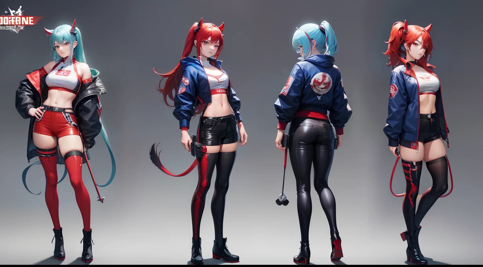 dual horsetail,The tail of a horsetail is red on one side,The other side is blue,game design: Three views and three emojis,Game design drawing,Standing painting,Sexy and cute,Bigchest,skin-tight short-pants,Martin boots,Jacket jacket,fishnet stockings,Villains,Clown Girl" Harley Quinn,,Japanese mobile games,Machinary,Up,skin-tight short-pants,Red and blue color scheme,cyborg goddess in cosmos, Kushatt Krenz Key Art Women, Cute cyborg girl, Clown Girl, A woman in a costume holds a gun in her hand, rossdraws volumetric lighting, wojtek fus, Harley Quinn, Halle Quinn standing, Best anime 4k konachan wallpaper, Anime art wallpaper 8 K, Girl with red and blue hair, Anime art wallpaper 4 K, Anime art wallpaper 4k, Badass anime 8 K, Detailed digital anime art, from girls frontline, advanced digital anime art,Three View,Figures,Front view,the sideview,Back view,Three expressions,having fun,vred,Evil charm