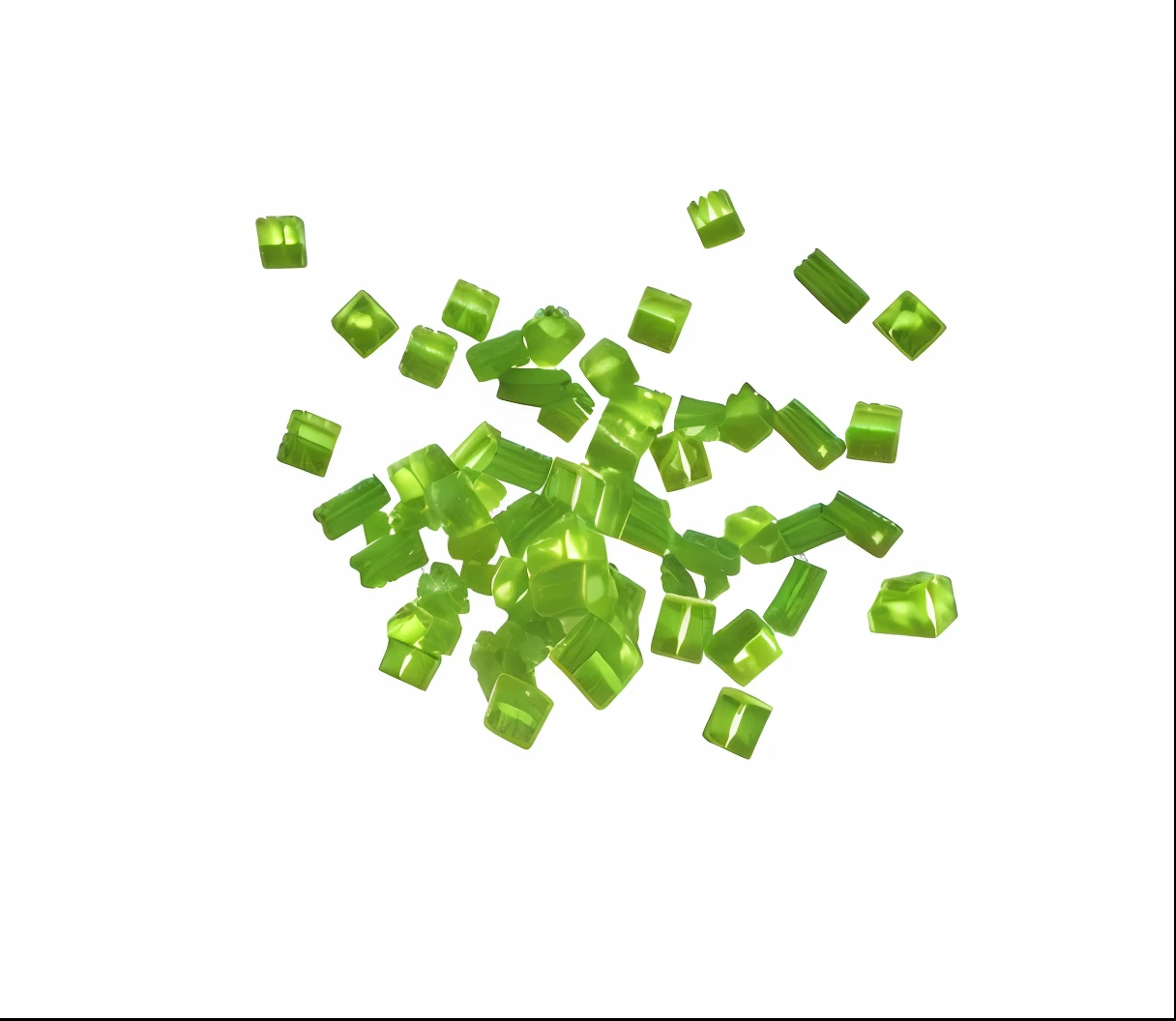 Close-up of a bunch of green onions, glowing green crystals, grass - like, thin green glassy crystal shards, satisfying render, cell animation, pixel sorted, voxels, slimes, Green crystal, weed cutie mark, computer generated, high quality voxel art, particles floating, voxels, food particles, anorld render, sprite 2 d