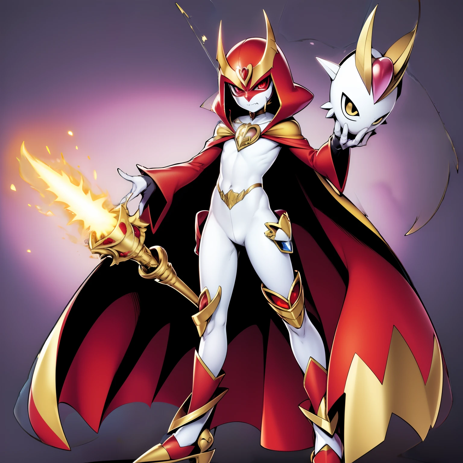 (masterpiece, best quality:1.2), solo, male focus, ((1boy)), ((riddle rosehearts as a Digimon 1.0)), angry, closed mouth,pout , looking at viewer, holding a scepter, mini crown, white shirt, cape, Pants ((white , black ,red and gold color scheme:1.4)),(( pink skin))((queen of hearts themed 1.1)), ((Plant monster)), fairy ,digimon \(creature\),(( Lilimon inspired:1.5 )),(( mouth covered by mask)),((heart Details))